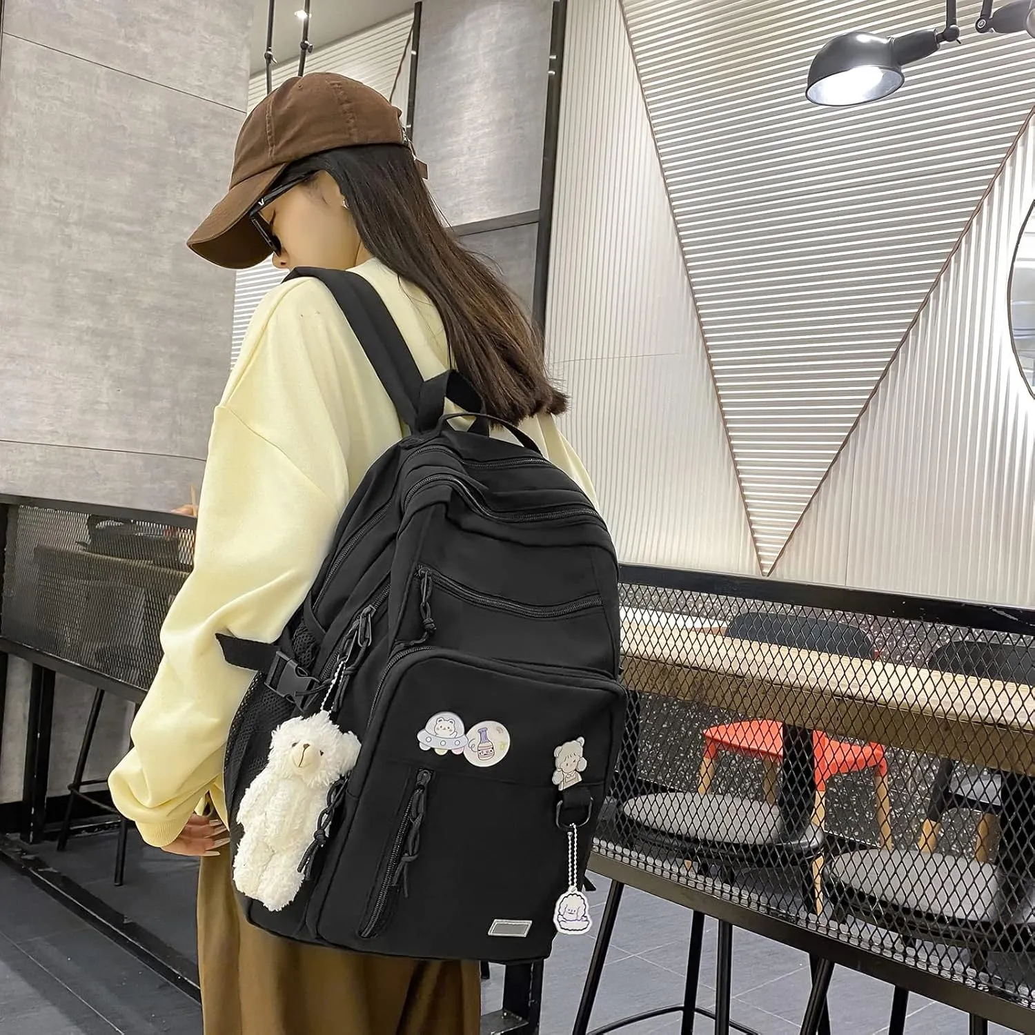 Aesthetic College Backpack with Pins and Plushies Kawaii Laptop Backpack Preppy Daypack Cute Travel Bag Book Bag (Black,One Size)