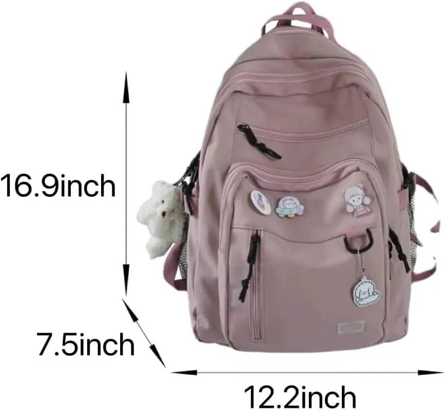 Aesthetic College Backpack with Pins and Plushies Kawaii Laptop Backpack Preppy Daypack Cute Travel Bag Book Bag (Black,One Size)