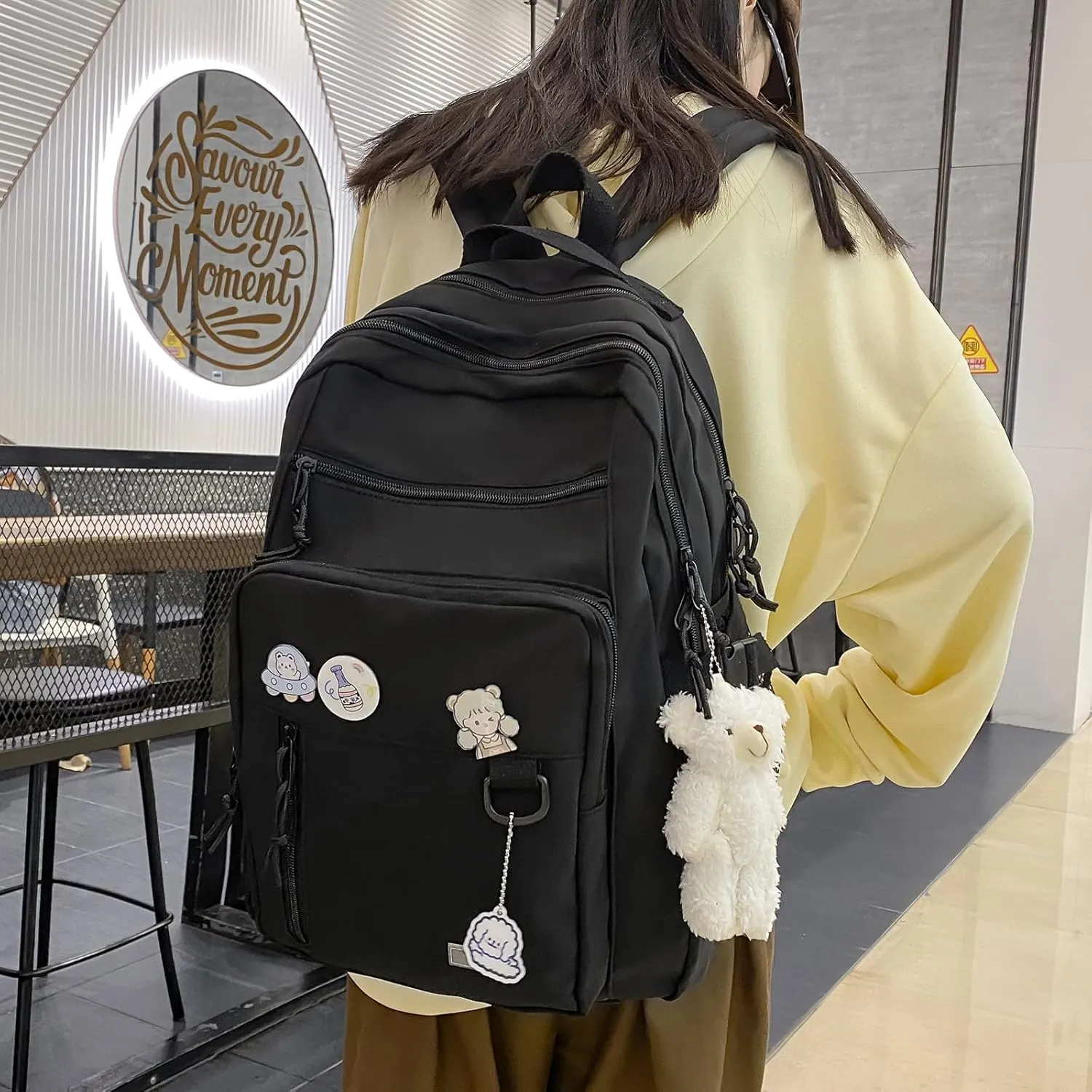 Aesthetic College Backpack with Pins and Plushies Kawaii Laptop Backpack Preppy Daypack Cute Travel Bag Book Bag (Black,One Size)