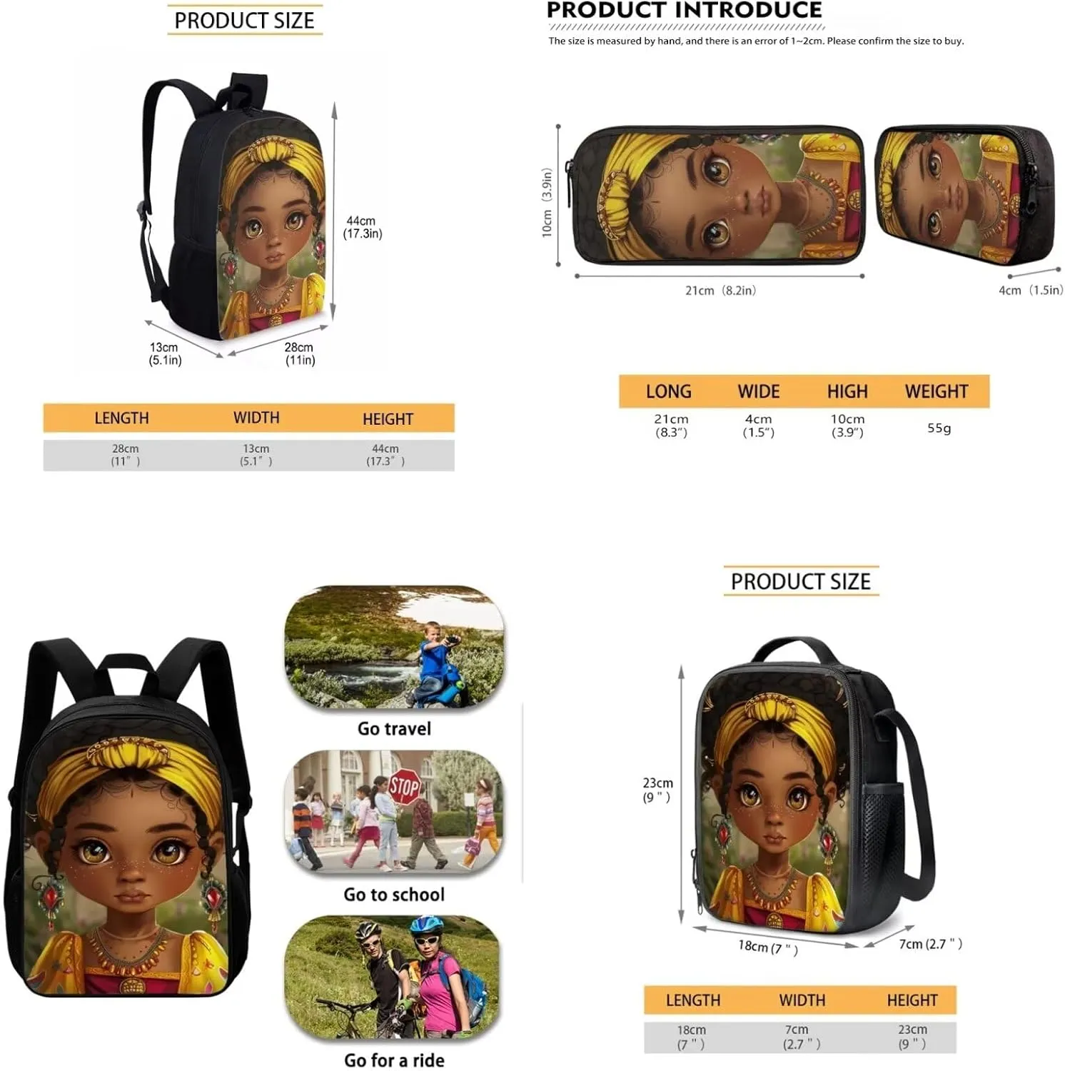 African Afro Girl School Bag Set 3 Piece Large Laptop Bookbag Lunch Bag and Pencil Case Casual Backpack for Teens Girls Students School Outdoor