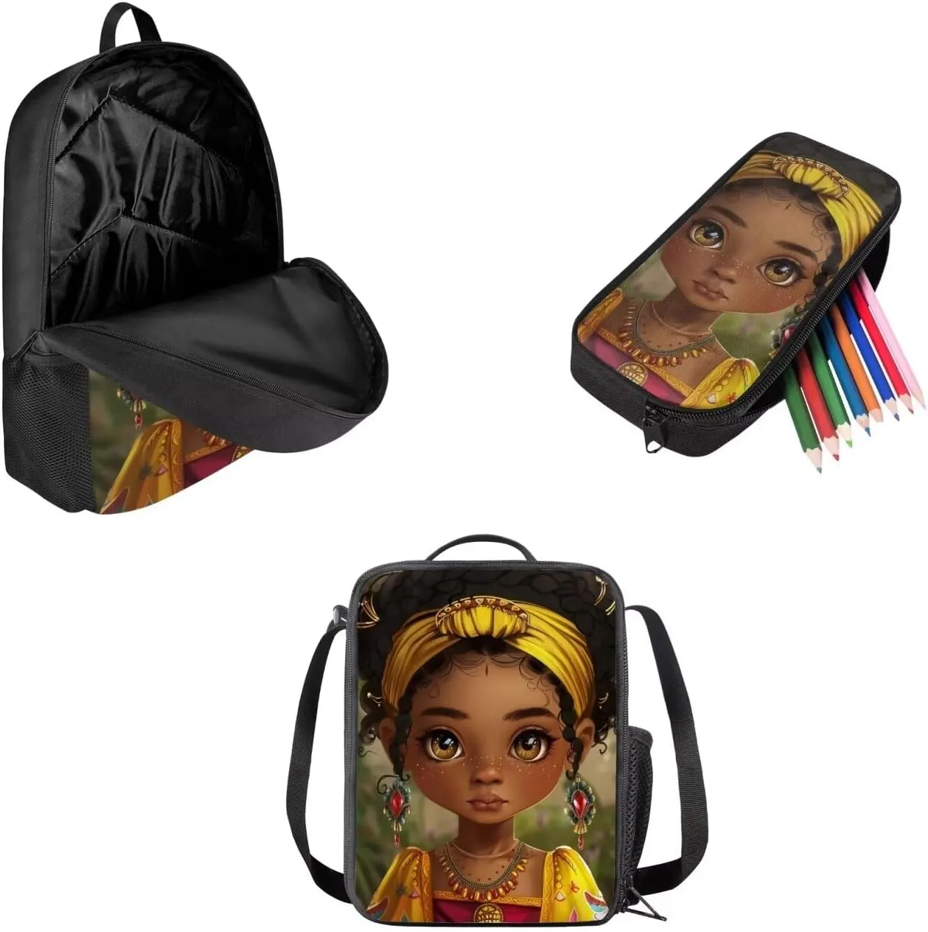 African Afro Girl School Bag Set 3 Piece Large Laptop Bookbag Lunch Bag and Pencil Case Casual Backpack for Teens Girls Students School Outdoor