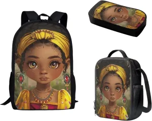 African Afro Girl School Bag Set 3 Piece Large Laptop Bookbag Lunch Bag and Pencil Case Casual Backpack for Teens Girls Students School Outdoor