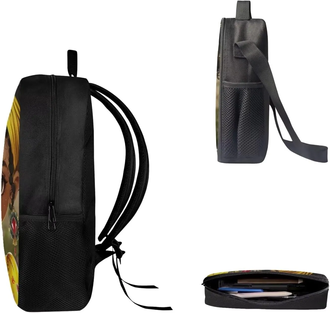 African Afro Girl School Bag Set 3 Piece Large Laptop Bookbag Lunch Bag and Pencil Case Casual Backpack for Teens Girls Students School Outdoor