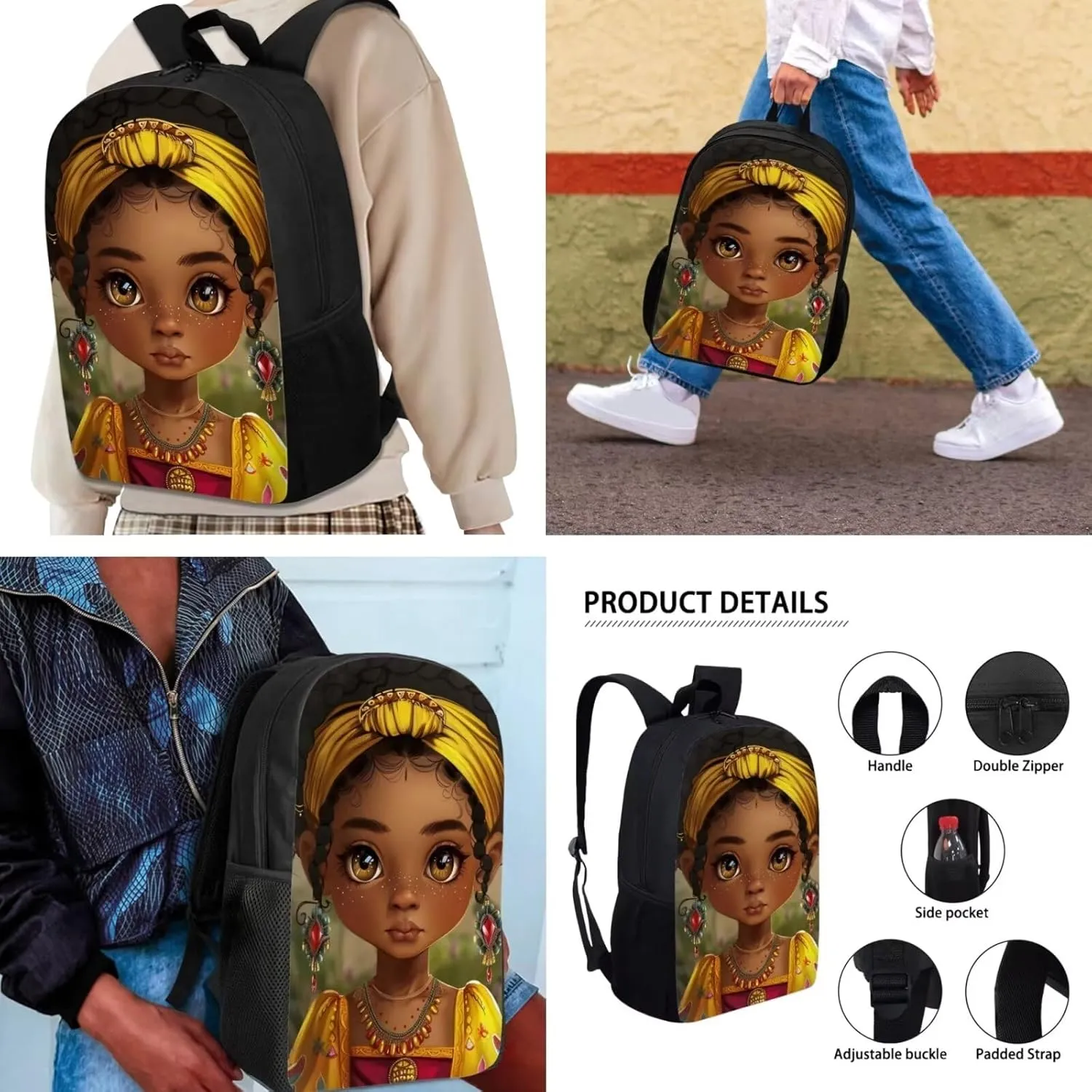 African Afro Girl School Bag Set 3 Piece Large Laptop Bookbag Lunch Bag and Pencil Case Casual Backpack for Teens Girls Students School Outdoor