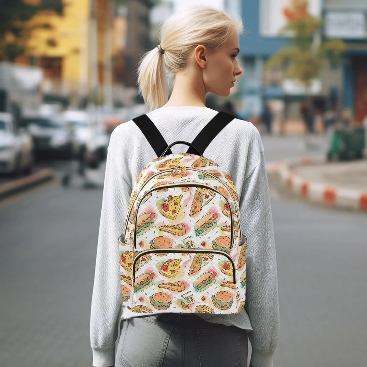 ALAZA Mini Backpack for Women Cute Pizza Slices Hamburger Travel Backpack Purse for Ladies Handbag Shoulder Bag Casual Daypack, M