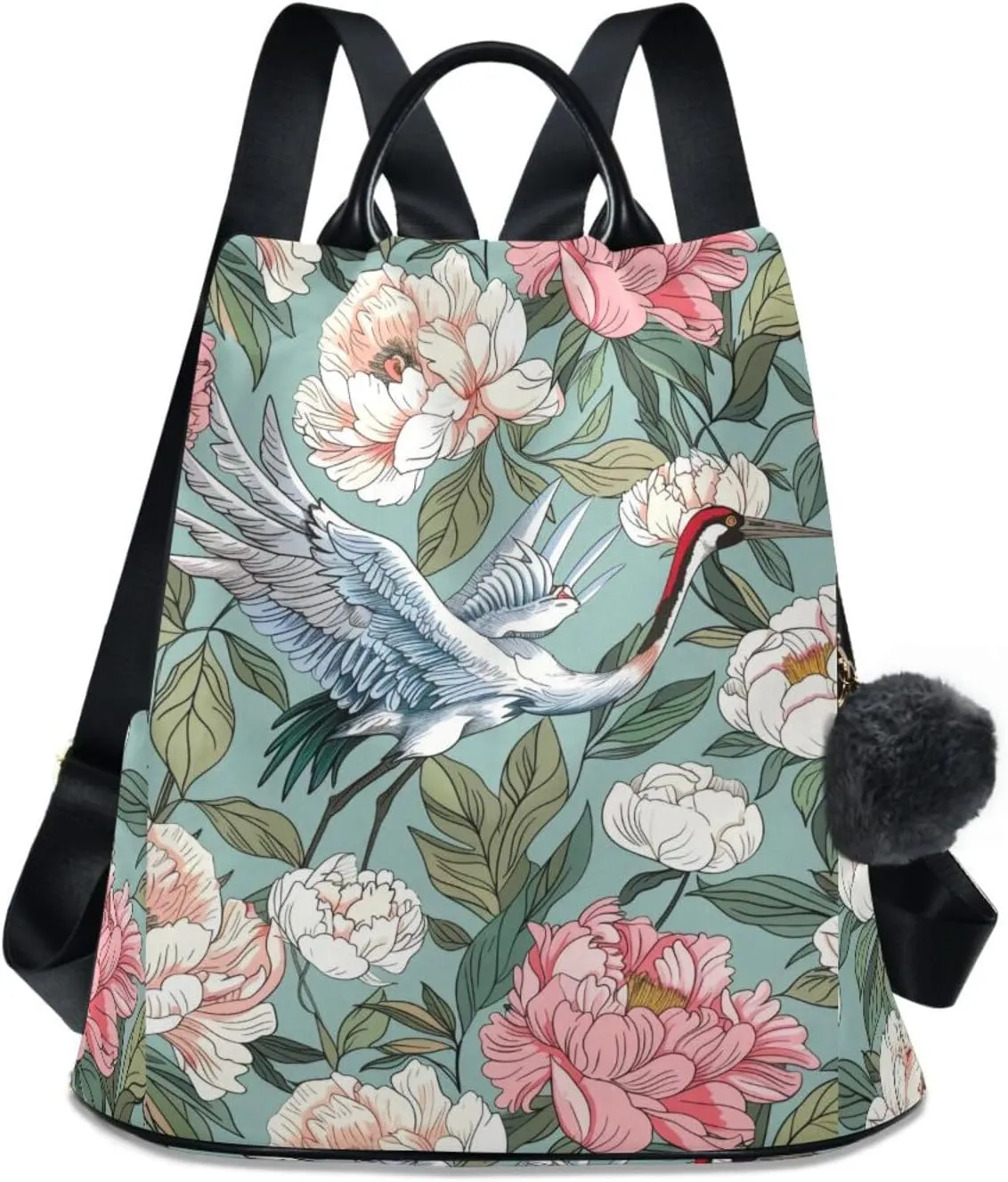 ALAZA Peony Flowers Crane Backpack Purse for Women Anti Theft Fashion Back Pack Shoulder Bag