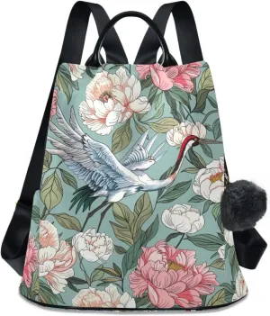 ALAZA Peony Flowers Crane Backpack Purse for Women Anti Theft Fashion Back Pack Shoulder Bag