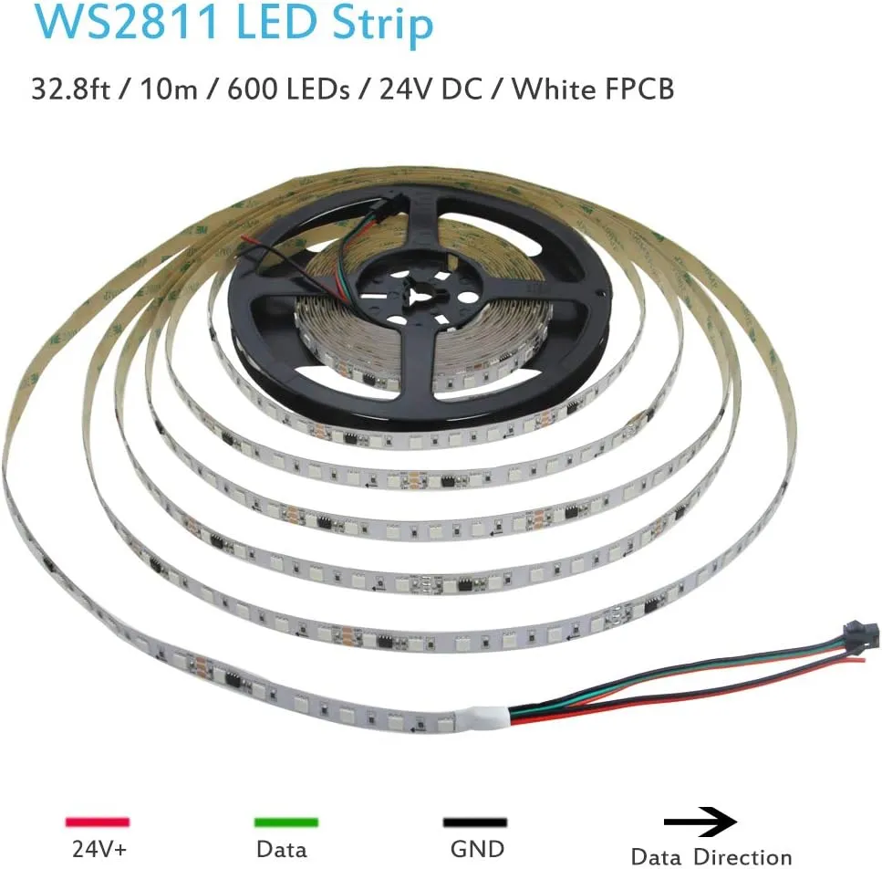 ALITOVE RGB LED Strip Light 32.8ft WS2811 Addressable Programmable Dream Color Digital LED Pixel Light 24V 10m 600 LEDs Rainbow Chasing Effect LED Flexible Light Rope Non-Waterproof White PCB