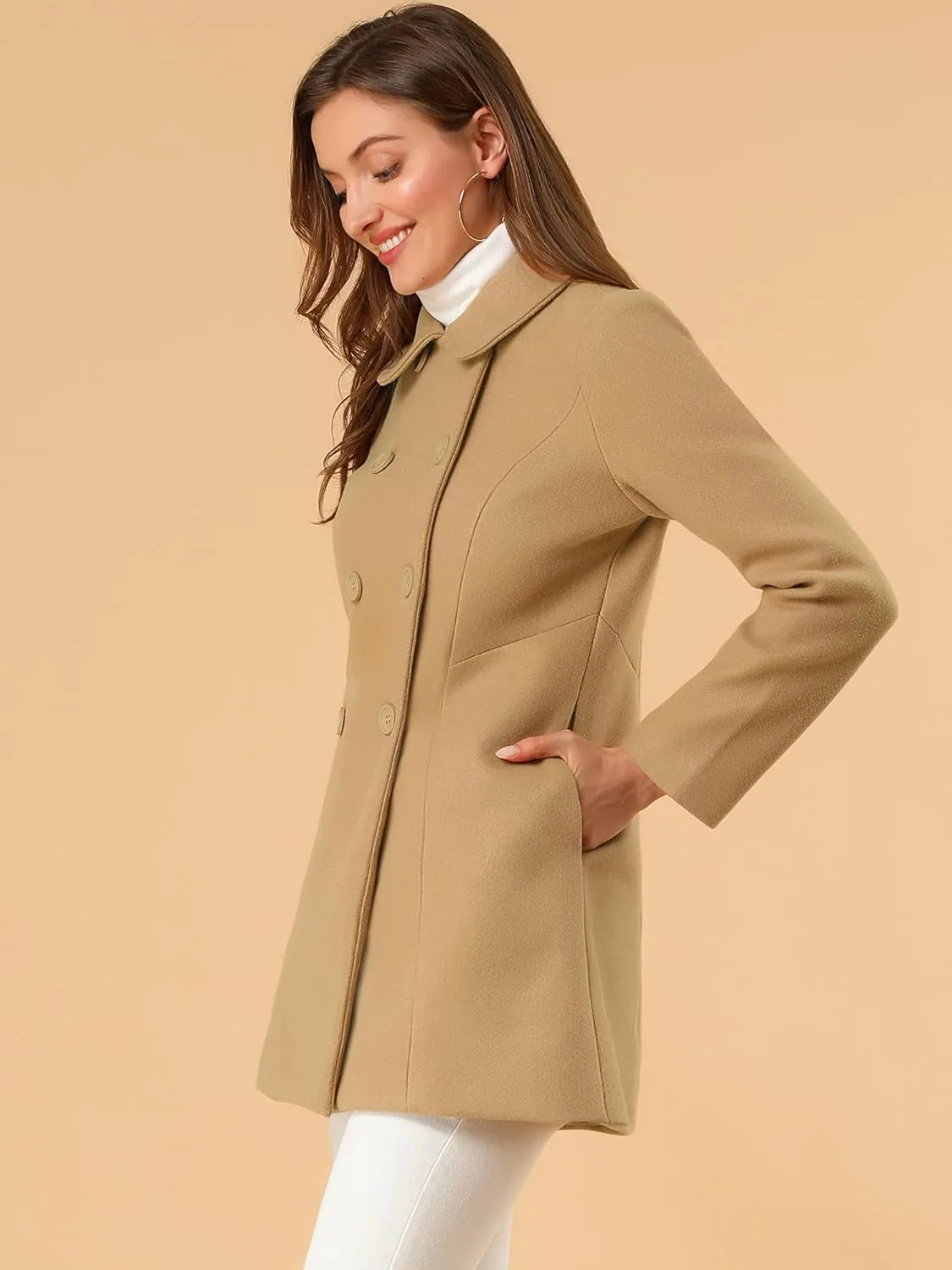 Allegra K Women's Peter Pan Collar Double Breasted Winter Long Trench Pea Coat