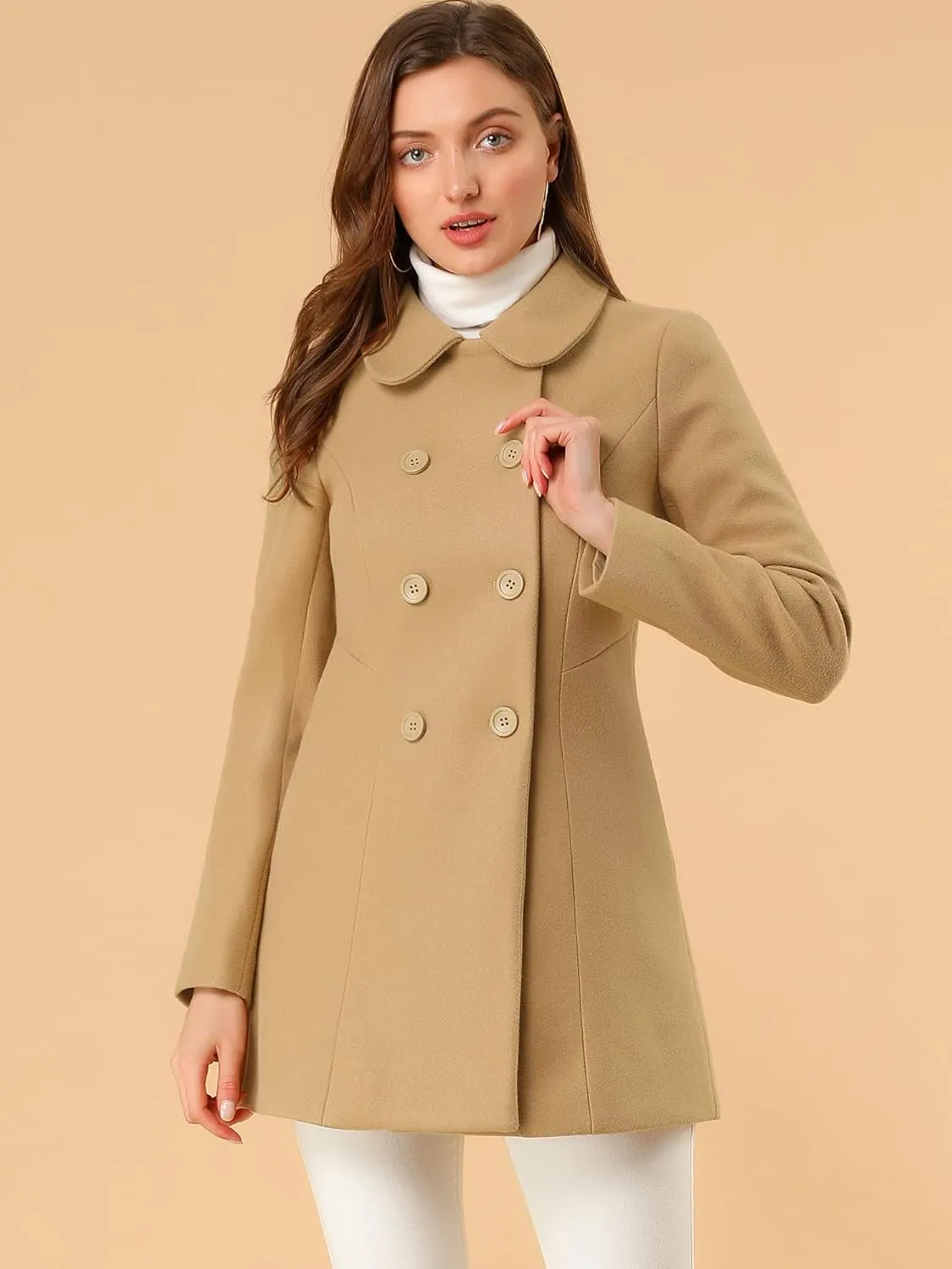 Allegra K Women's Peter Pan Collar Double Breasted Winter Long Trench Pea Coat