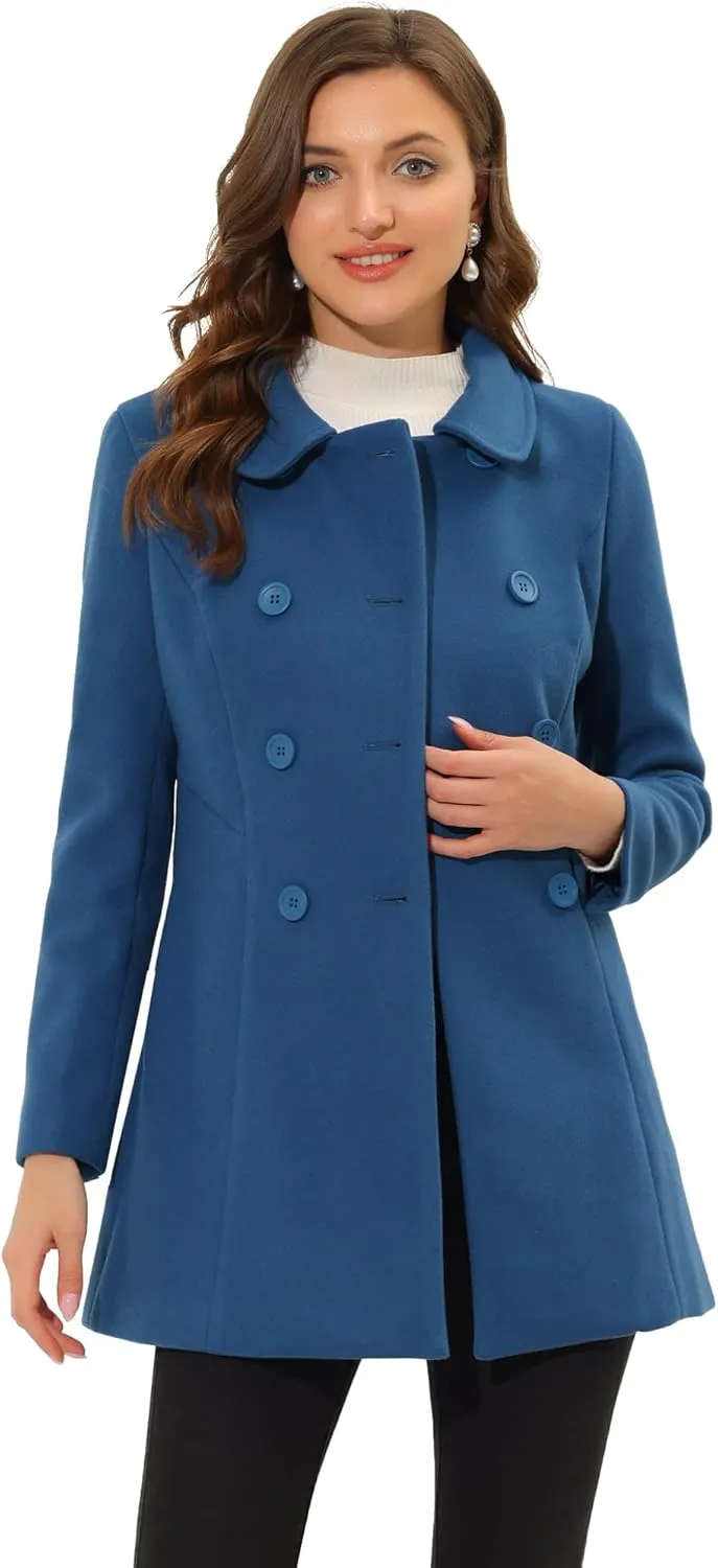 Allegra K Women's Peter Pan Collar Double Breasted Winter Long Trench Pea Coat