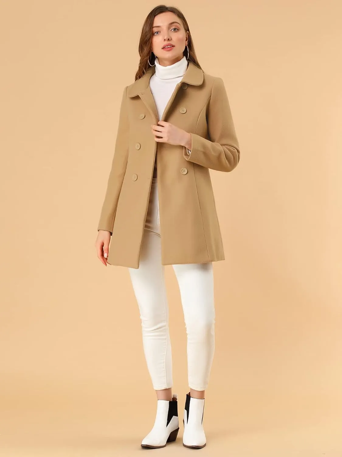 Allegra K Women's Peter Pan Collar Double Breasted Winter Long Trench Pea Coat