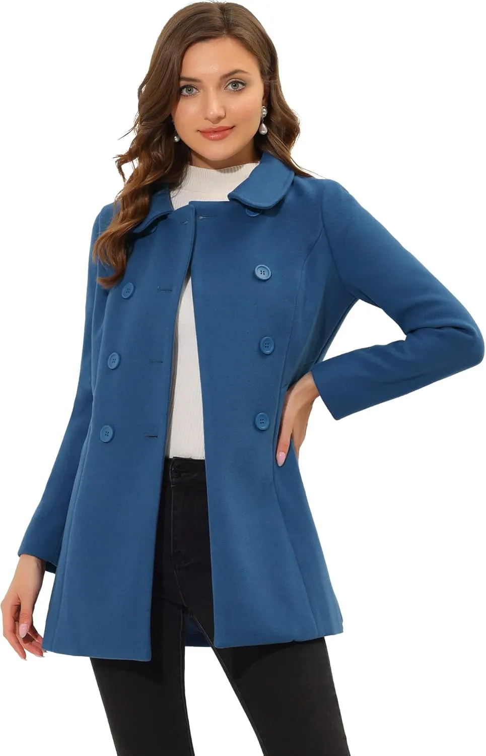 Allegra K Women's Peter Pan Collar Double Breasted Winter Long Trench Pea Coat