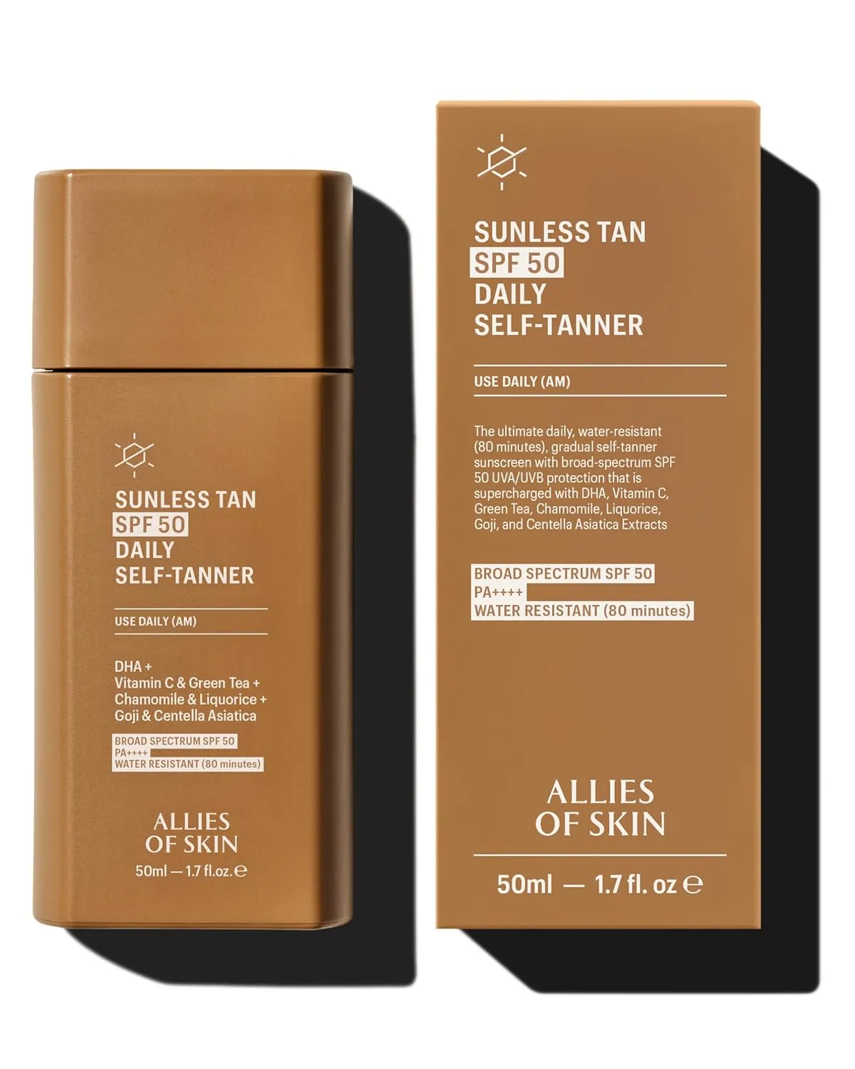 Allies of Skin Daily Self Tanner with SPF 50 for Face | Gradual Buildable Natural Tan with Sunscreen with Vitamin C | Lightweight Gel Formula for Streak-Free Finish and Glow (1.7 Fl oz)