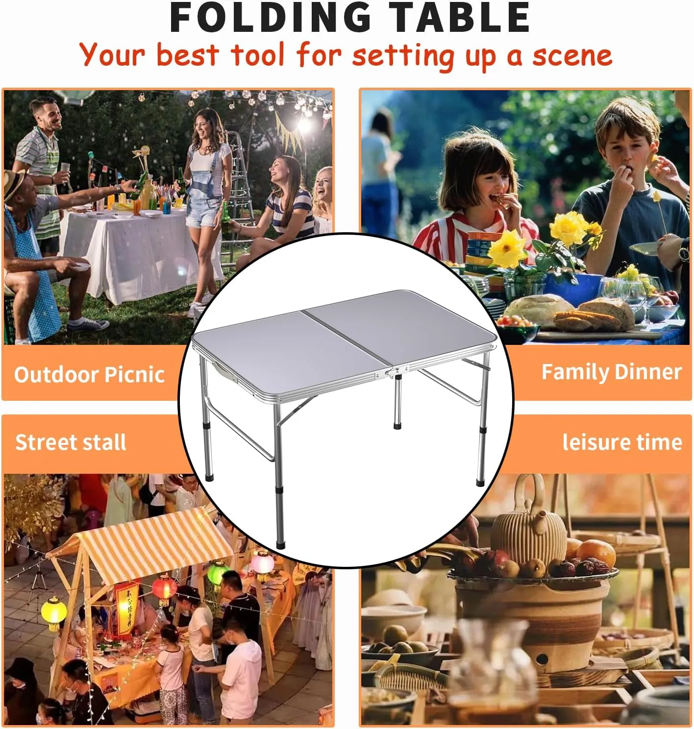 Aluminium Folding Table Portable Lightweight Camping Table Extra Strength Trestle Table for Indoor Outdoor, with Carrying Handle Foldaway Table,Adjustable Height Table for Wedding Garden Party Picnic