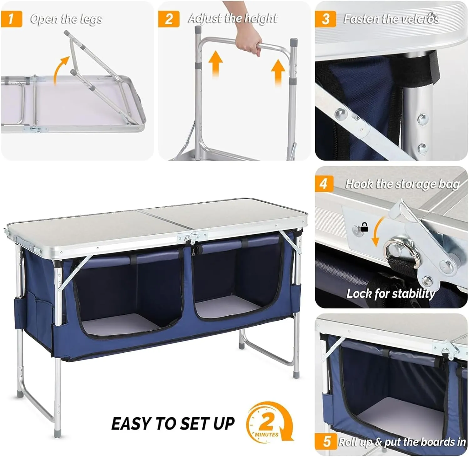 Aluminum Folding Camping Table, Portable Folding Cooking Station with Storage, Adjustable Height Indoor/Outdoor Dining Table for Picnic Beach BBQ Travel Party