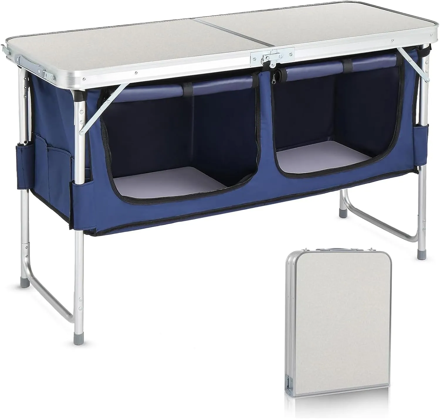 Aluminum Folding Camping Table, Portable Folding Cooking Station with Storage, Adjustable Height Indoor/Outdoor Dining Table for Picnic Beach BBQ Travel Party
