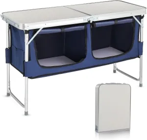 Aluminum Folding Camping Table, Portable Folding Cooking Station with Storage, Adjustable Height Indoor/Outdoor Dining Table for Picnic Beach BBQ Travel Party