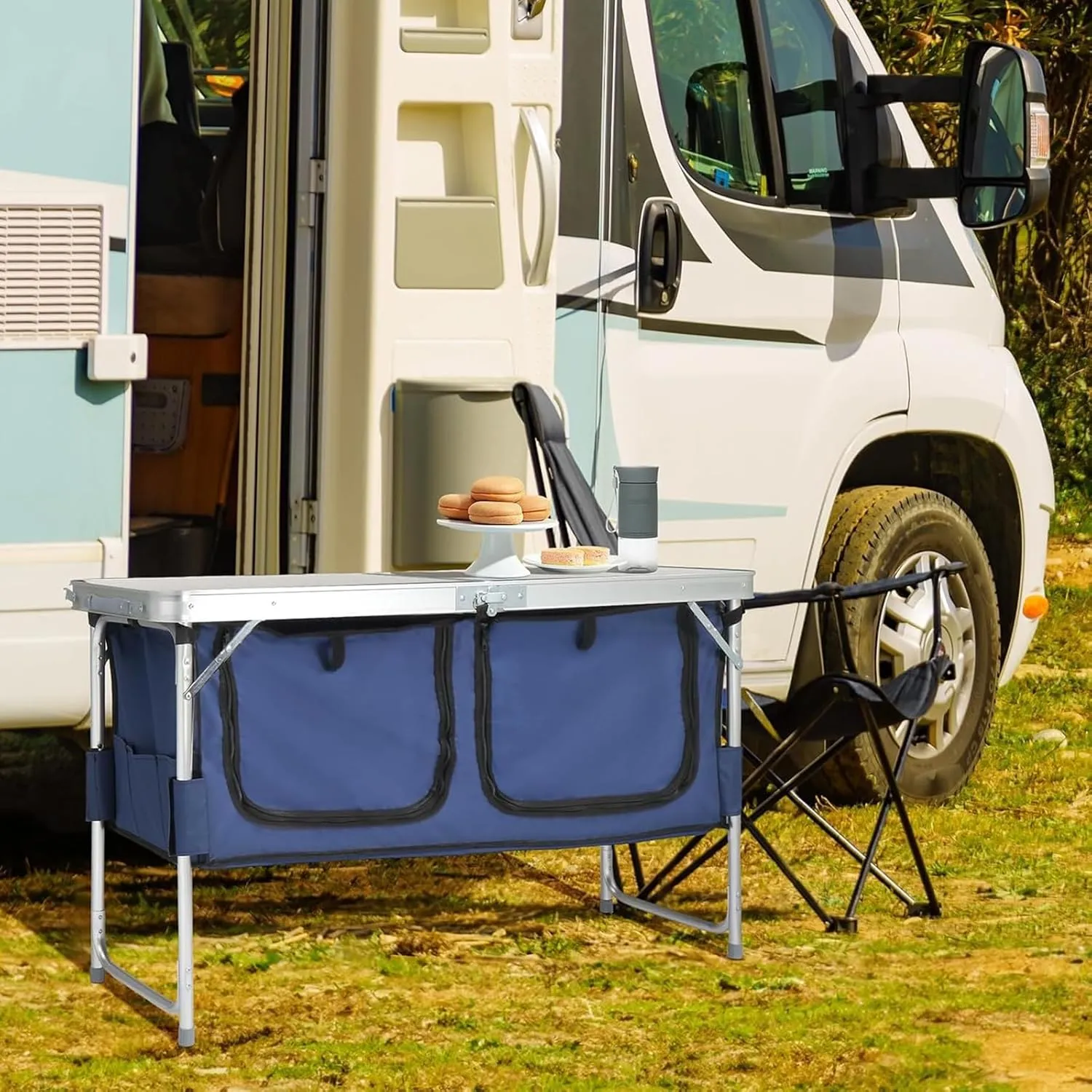 Aluminum Folding Camping Table, Portable Folding Cooking Station with Storage, Adjustable Height Indoor/Outdoor Dining Table for Picnic Beach BBQ Travel Party