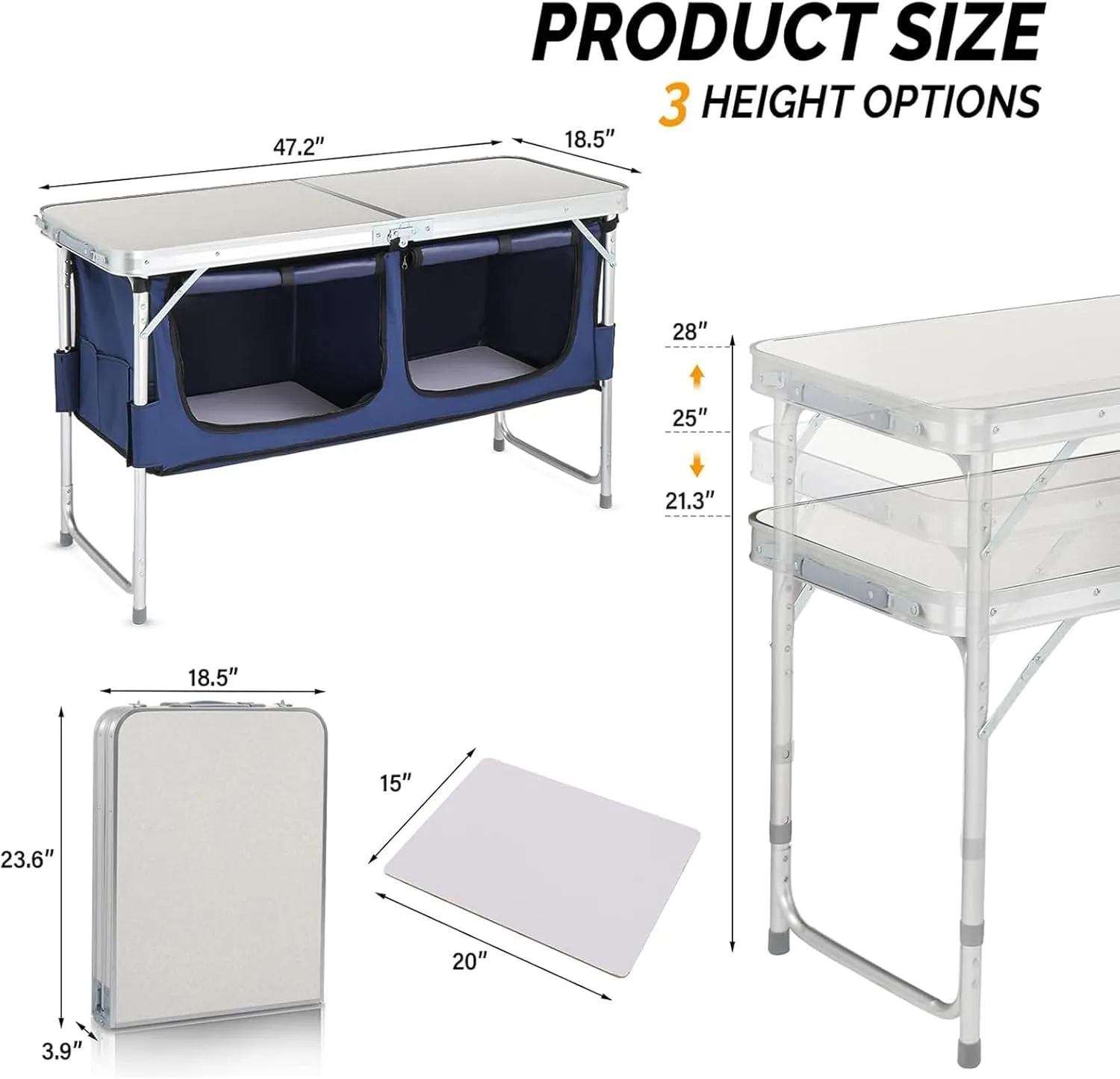Aluminum Folding Camping Table, Portable Folding Cooking Station with Storage, Adjustable Height Indoor/Outdoor Dining Table for Picnic Beach BBQ Travel Party