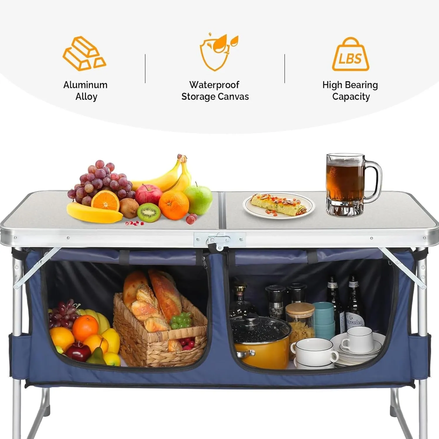 Aluminum Folding Camping Table, Portable Folding Cooking Station with Storage, Adjustable Height Indoor/Outdoor Dining Table for Picnic Beach BBQ Travel Party