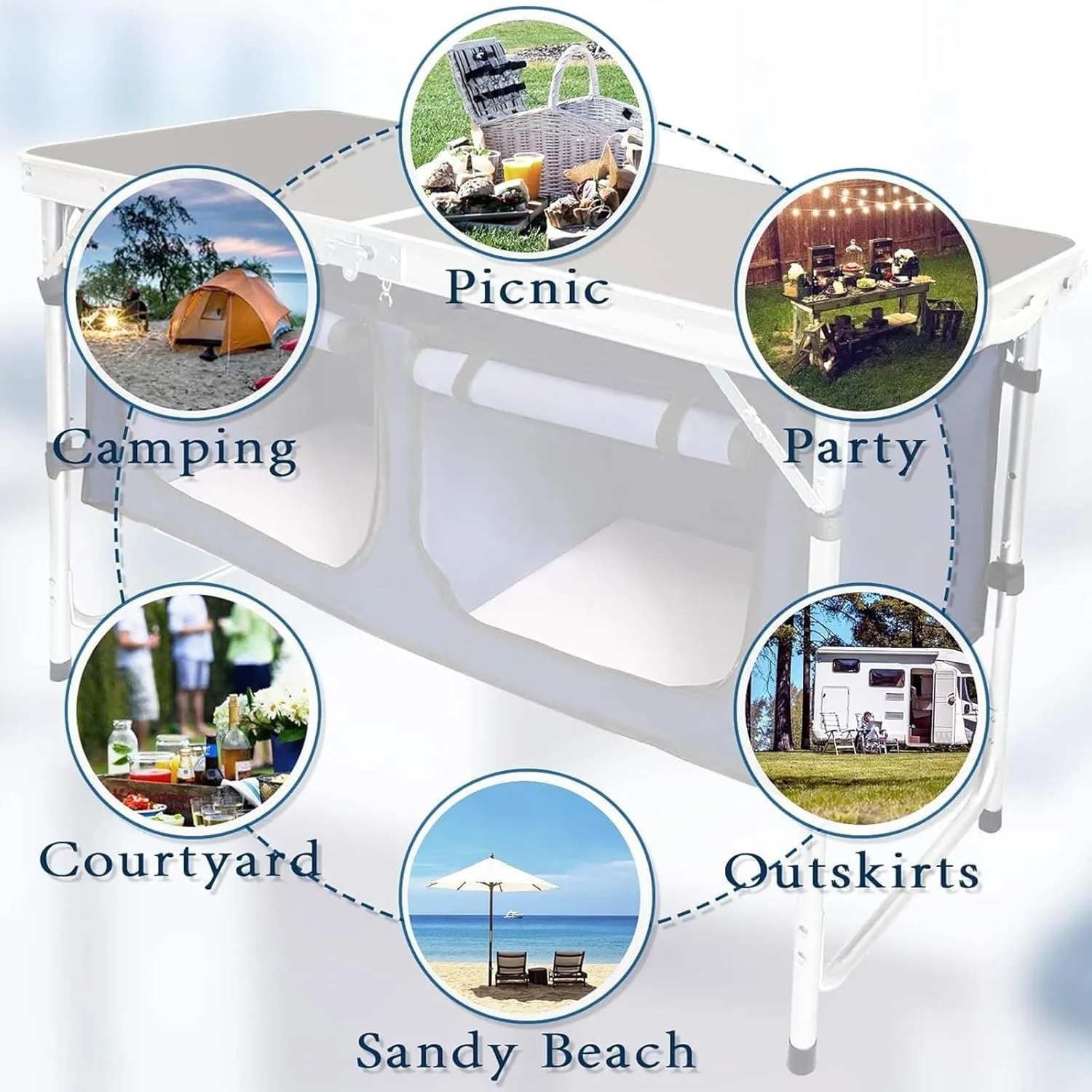 Aluminum Folding Camping Table, Portable Folding Cooking Station with Storage, Adjustable Height Indoor/Outdoor Dining Table for Picnic Beach BBQ Travel Party
