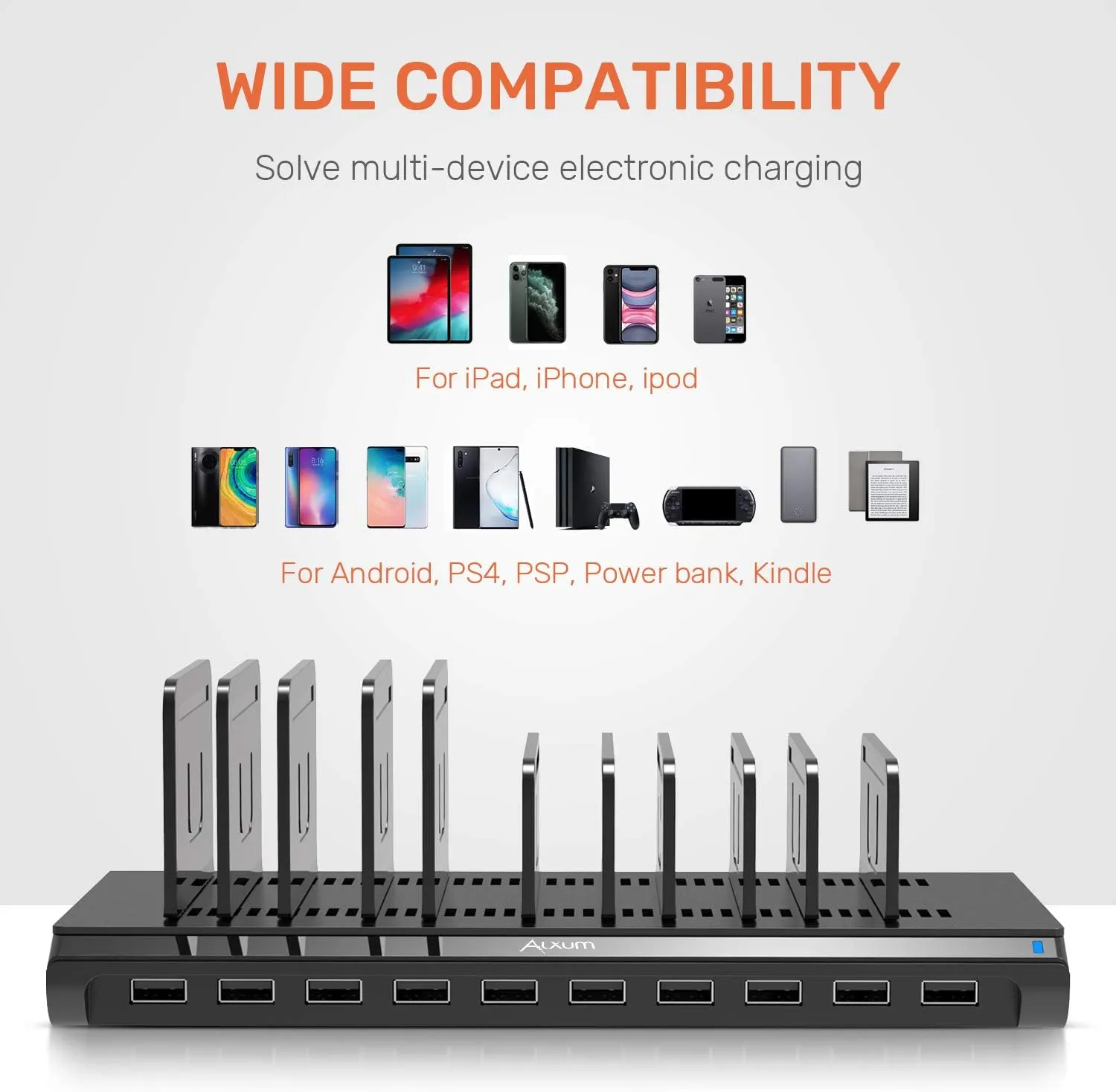 Alxum 10 Port USB Charging Station, 60W Mobile Charging Station with Multi-Port USB Fast Charger Stand for Mobile Phone, Tablet and More,Black