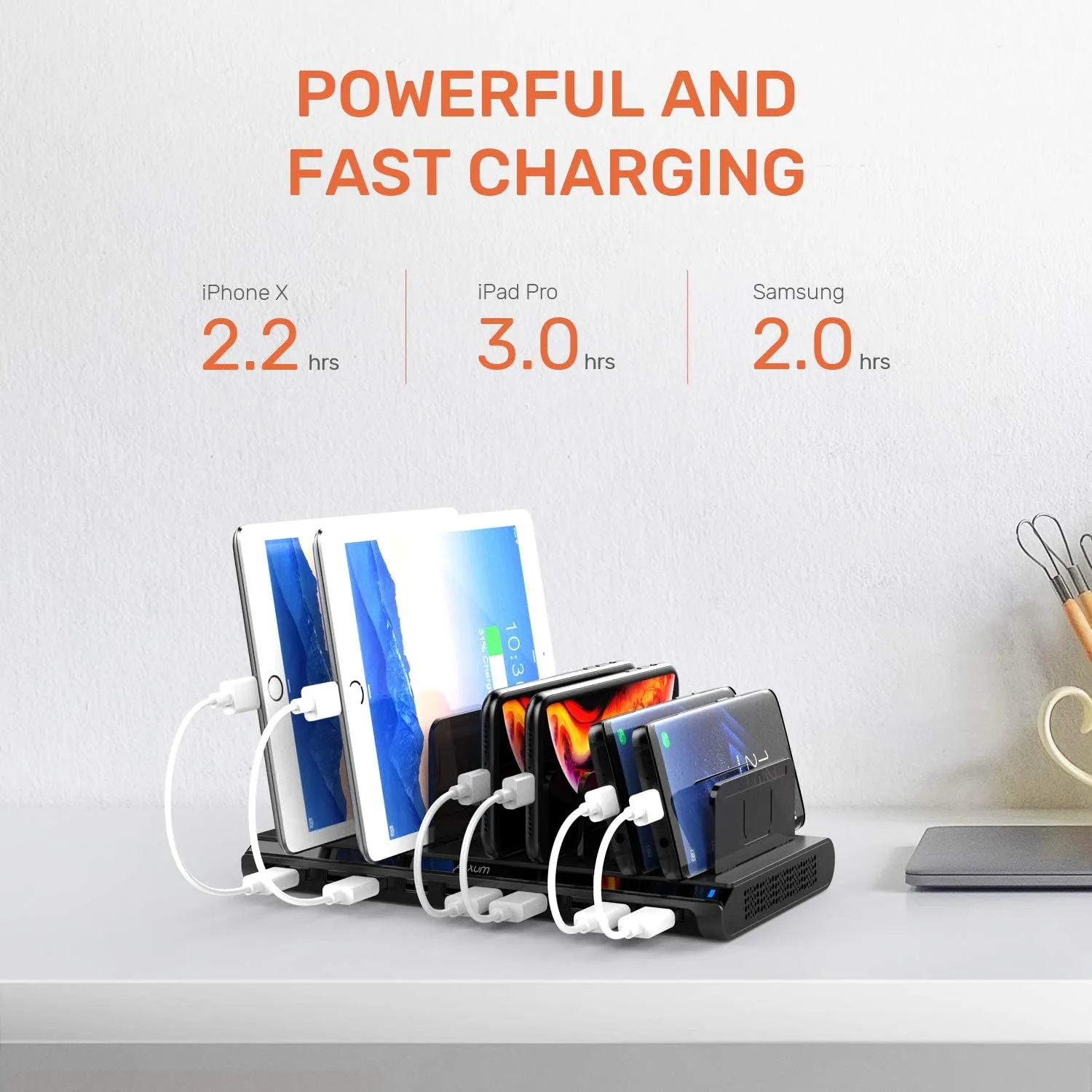 Alxum 10 Port USB Charging Station, 60W Mobile Charging Station with Multi-Port USB Fast Charger Stand for Mobile Phone, Tablet and More,Black