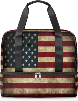 America Flag 4th Of July Memorial Day Travel Bag Double Tier Zip Closure Weekender Bag with Leather Handle Waterproof Sports Tote Gym Bag for Swim Beach Gym Yoga