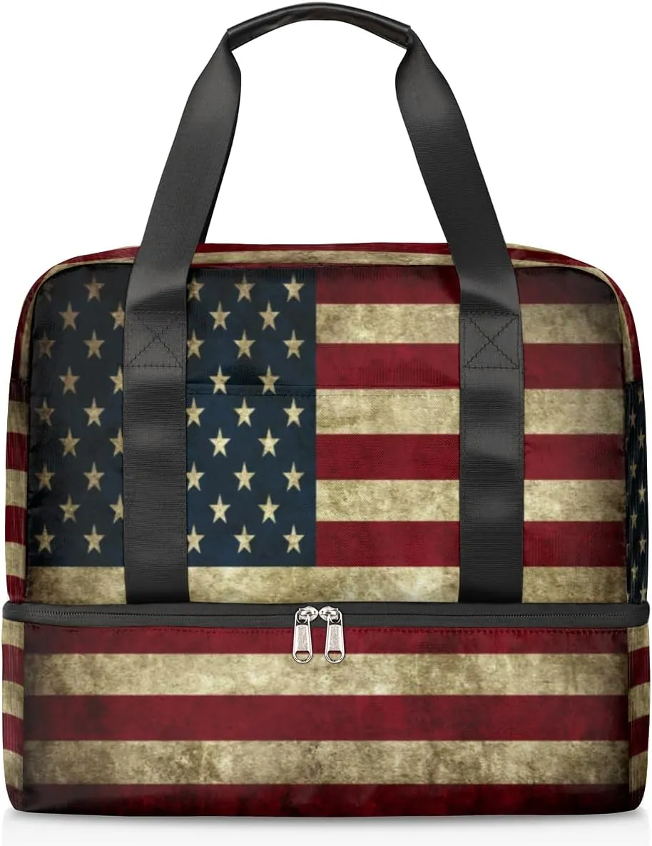 America Flag 4th Of July Memorial Day Travel Bag Double Tier Zip Closure Weekender Bag with Leather Handle Waterproof Sports Tote Gym Bag for Swim Beach Gym Yoga