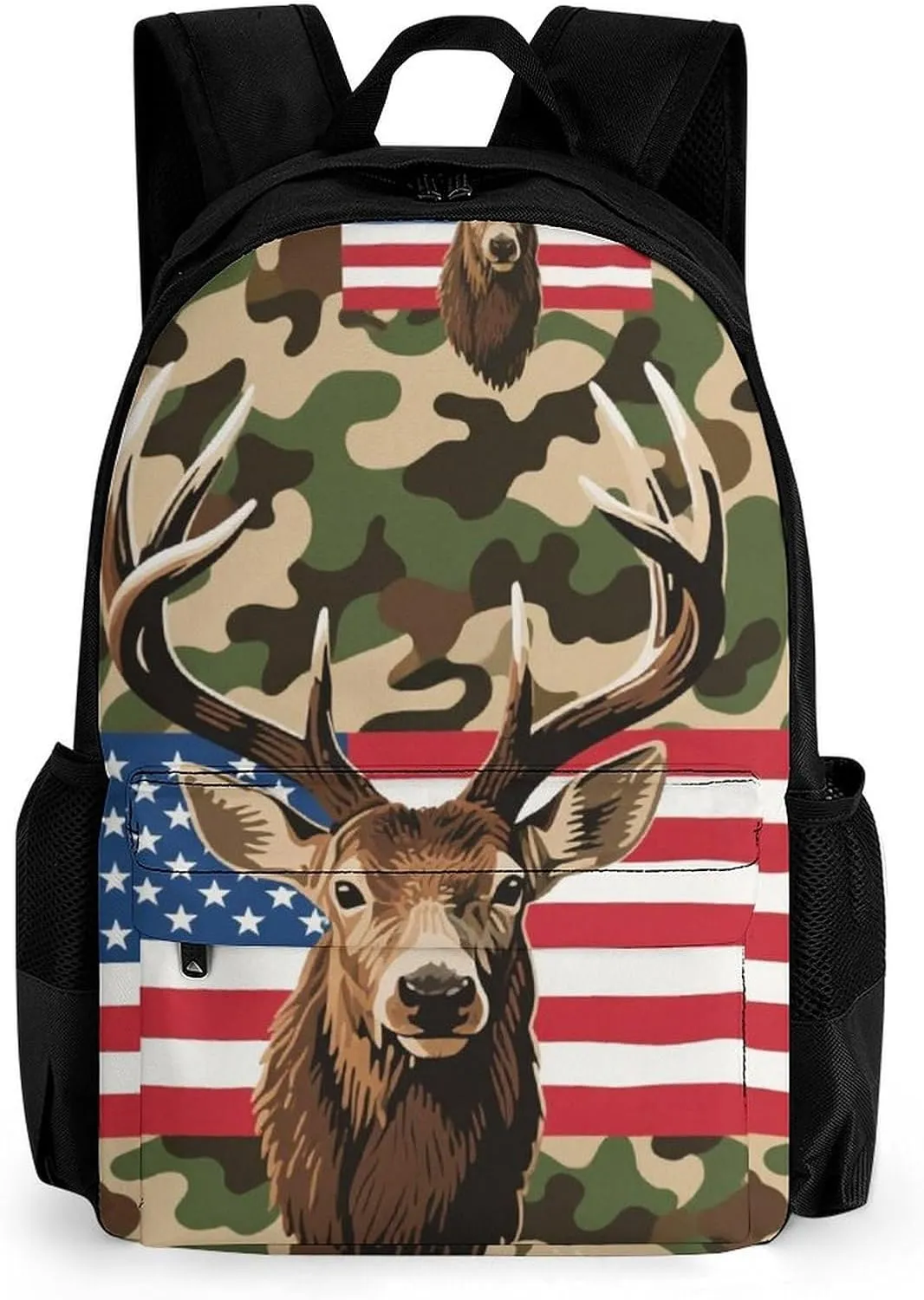 American Flag Camo Deer Camouflage Art Backpack Lightweight Anti-Theft Multipurpose Shoulder Bag Large Capacity Travel Hiking Backpack With Padded Straps