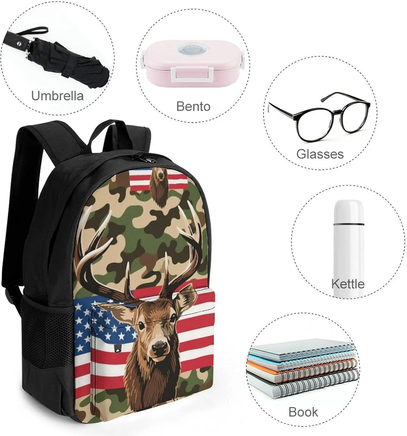 American Flag Camo Deer Camouflage Art Backpack Lightweight Anti-Theft Multipurpose Shoulder Bag Large Capacity Travel Hiking Backpack With Padded Straps