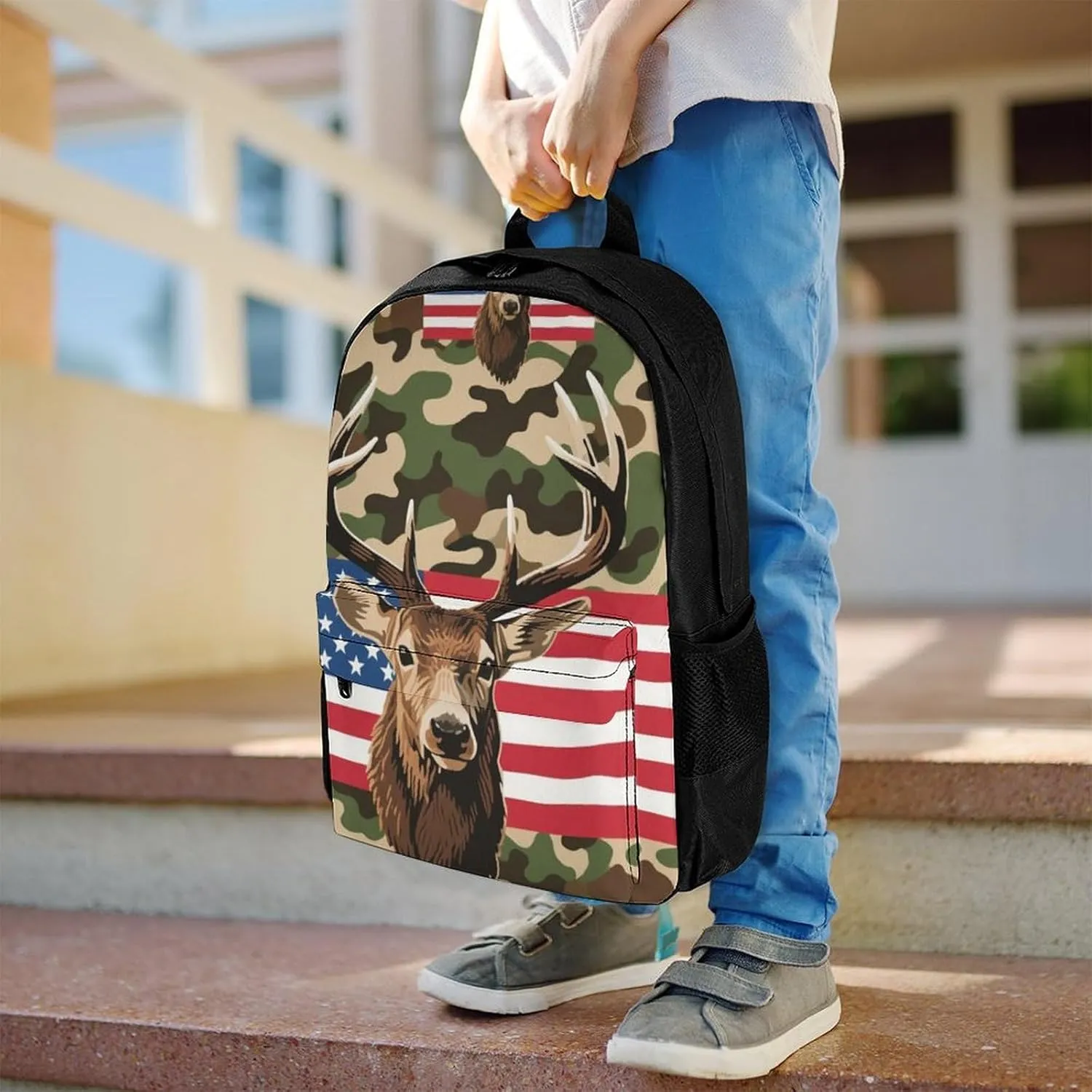American Flag Camo Deer Camouflage Art Backpack Lightweight Anti-Theft Multipurpose Shoulder Bag Large Capacity Travel Hiking Backpack With Padded Straps