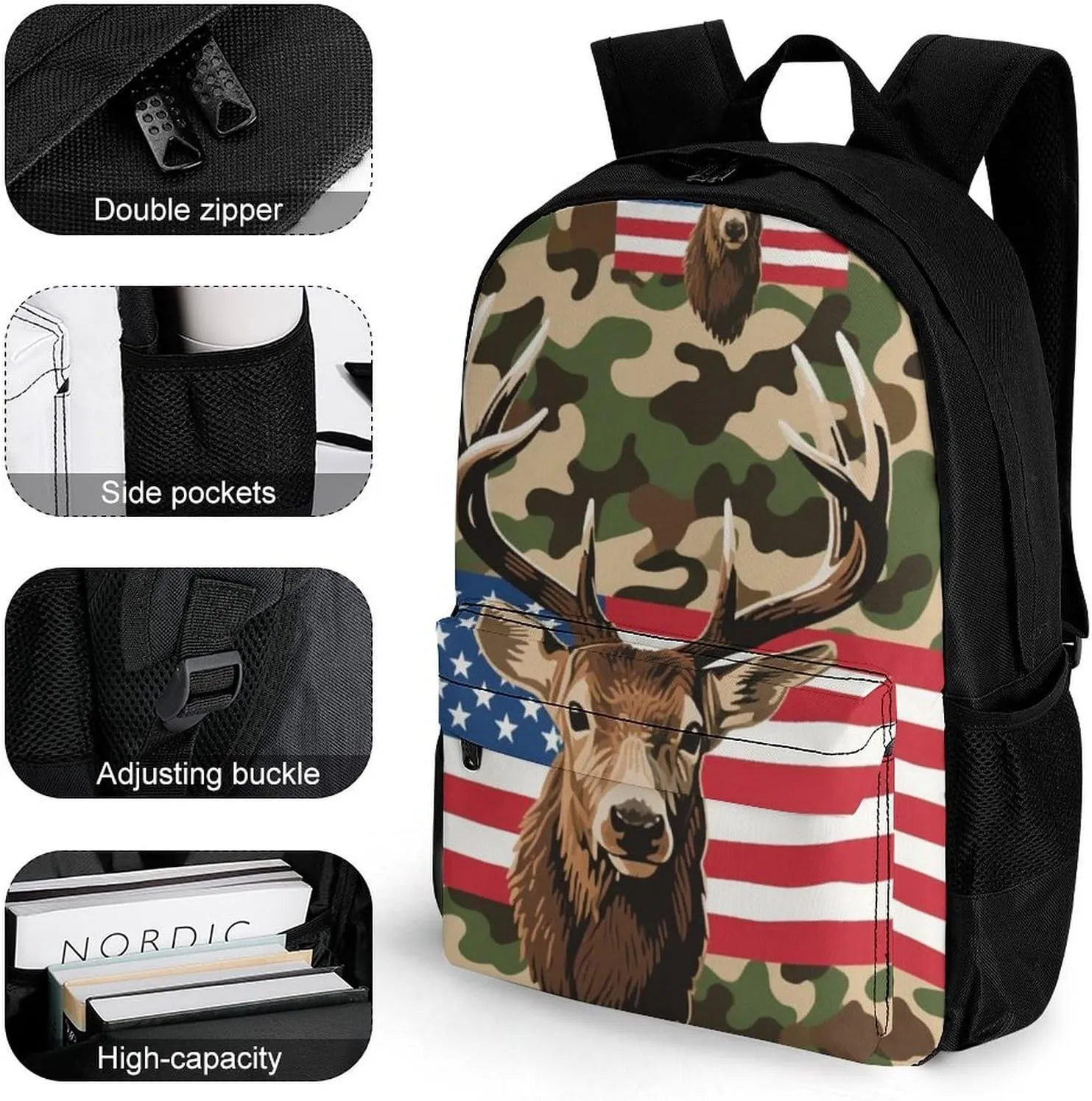 American Flag Camo Deer Camouflage Art Backpack Lightweight Anti-Theft Multipurpose Shoulder Bag Large Capacity Travel Hiking Backpack With Padded Straps