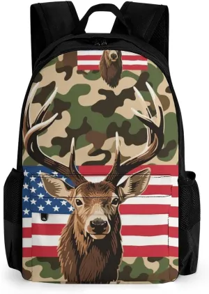 American Flag Camo Deer Camouflage Art Backpack Lightweight Anti-Theft Multipurpose Shoulder Bag Large Capacity Travel Hiking Backpack With Padded Straps