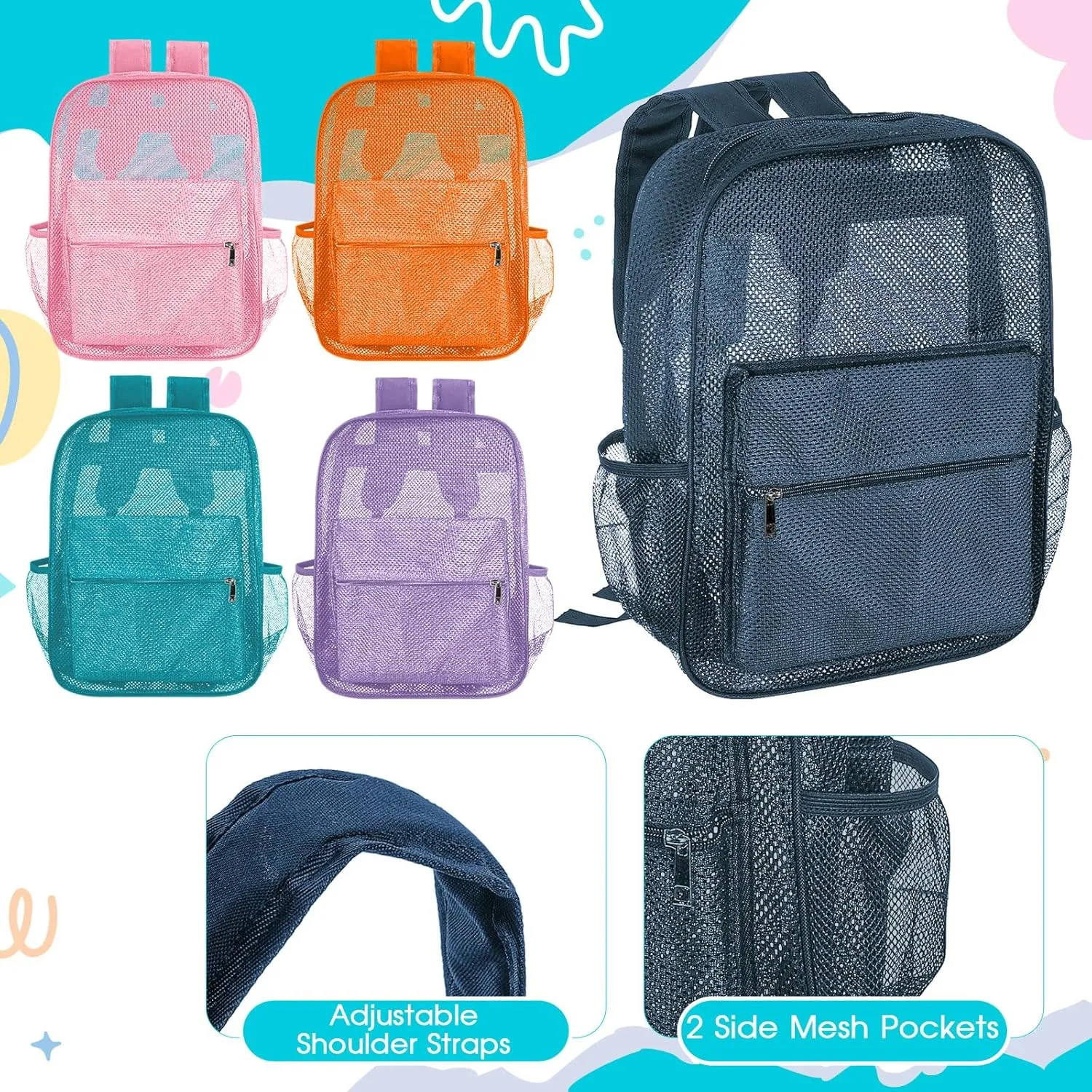 Amylove 12 Pcs Mesh Backpacks Bulk 17 Inch See Through Backpack in Bulk Heavy Duty Beach Bag for Sports Travel (Classic Color)