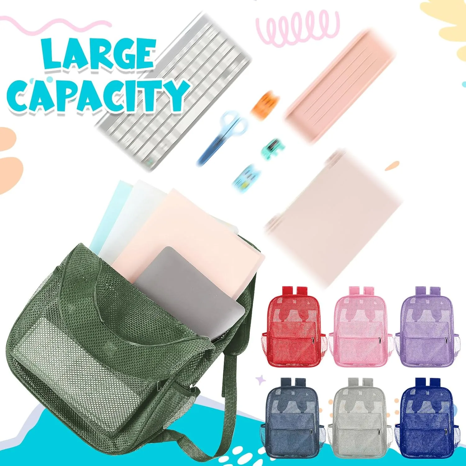 Amylove 12 Pcs Mesh Backpacks Bulk 17 Inch See Through Backpack in Bulk Heavy Duty Beach Bag for Sports Travel (Classic Color)