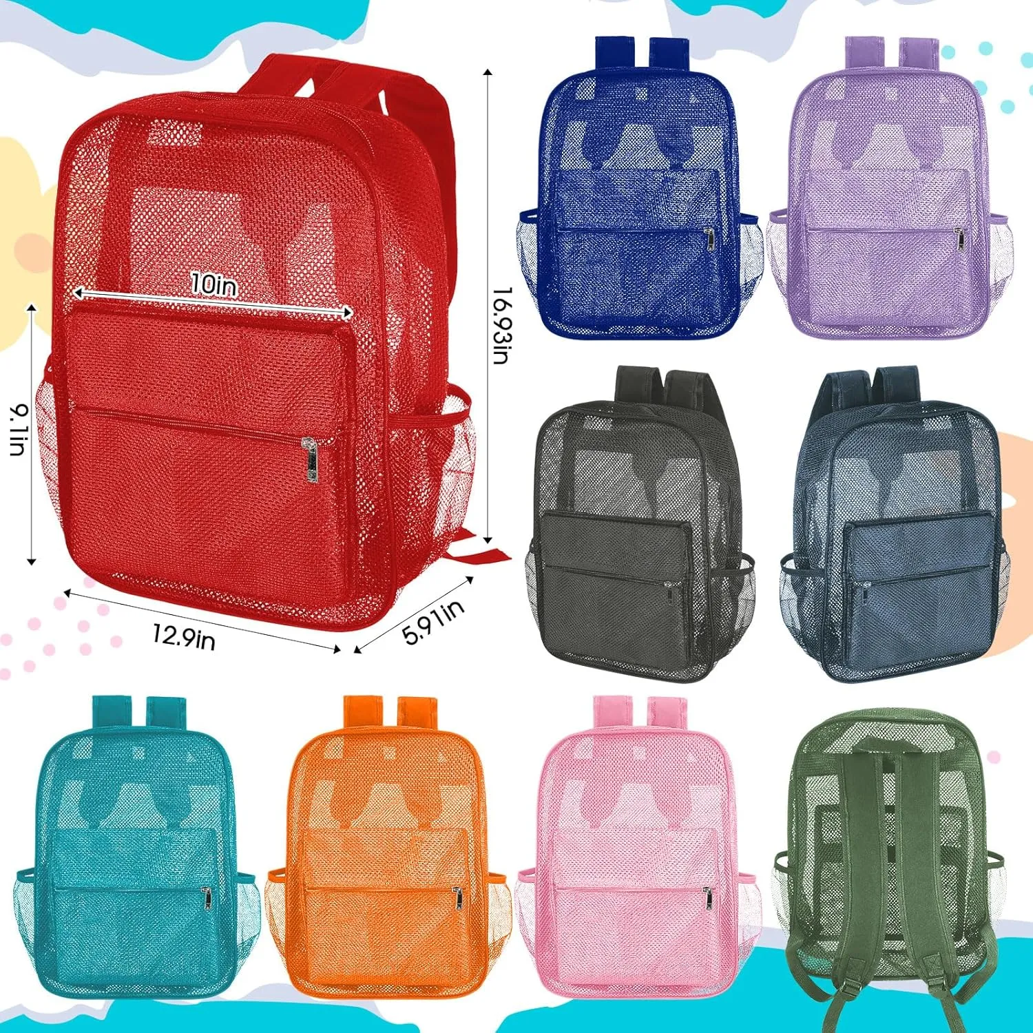 Amylove 12 Pcs Mesh Backpacks Bulk 17 Inch See Through Backpack in Bulk Heavy Duty Beach Bag for Sports Travel (Classic Color)