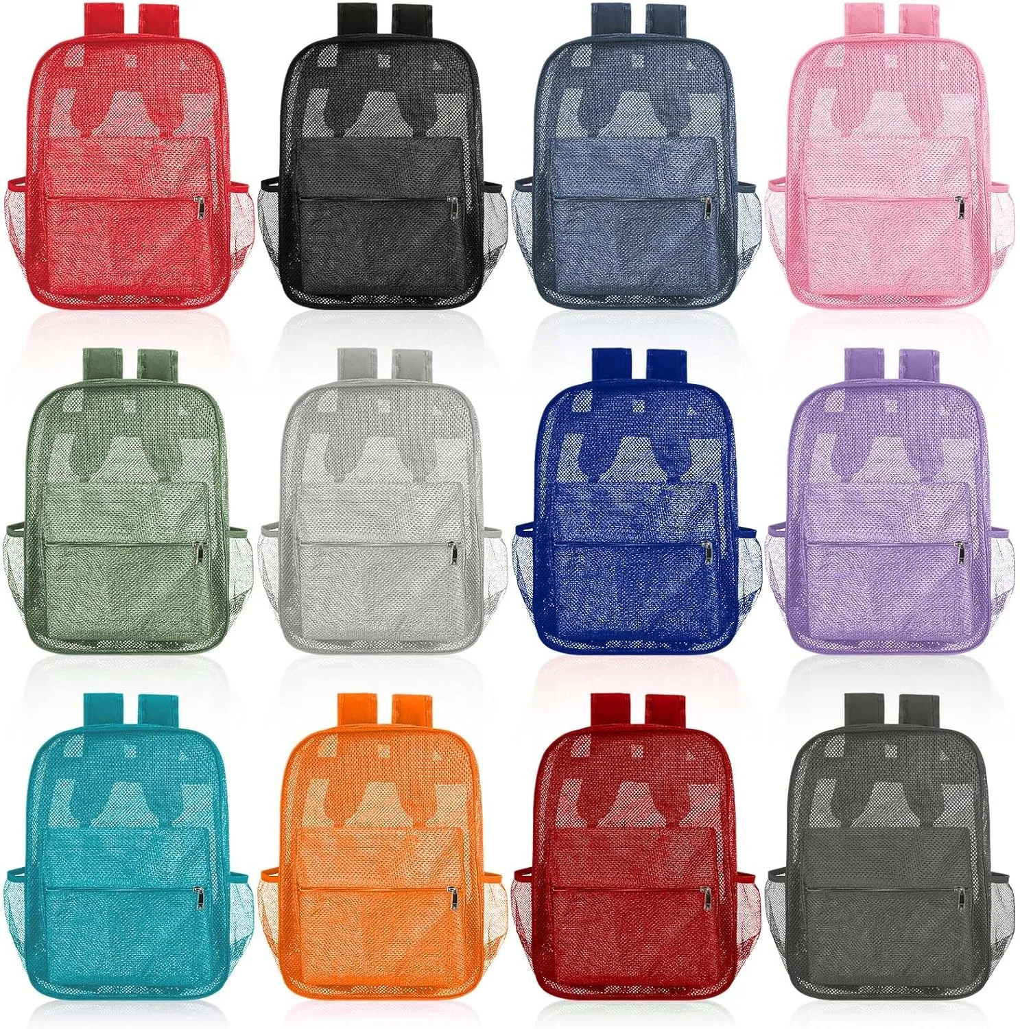 Amylove 12 Pcs Mesh Backpacks Bulk 17 Inch See Through Backpack in Bulk Heavy Duty Beach Bag for Sports Travel (Classic Color)