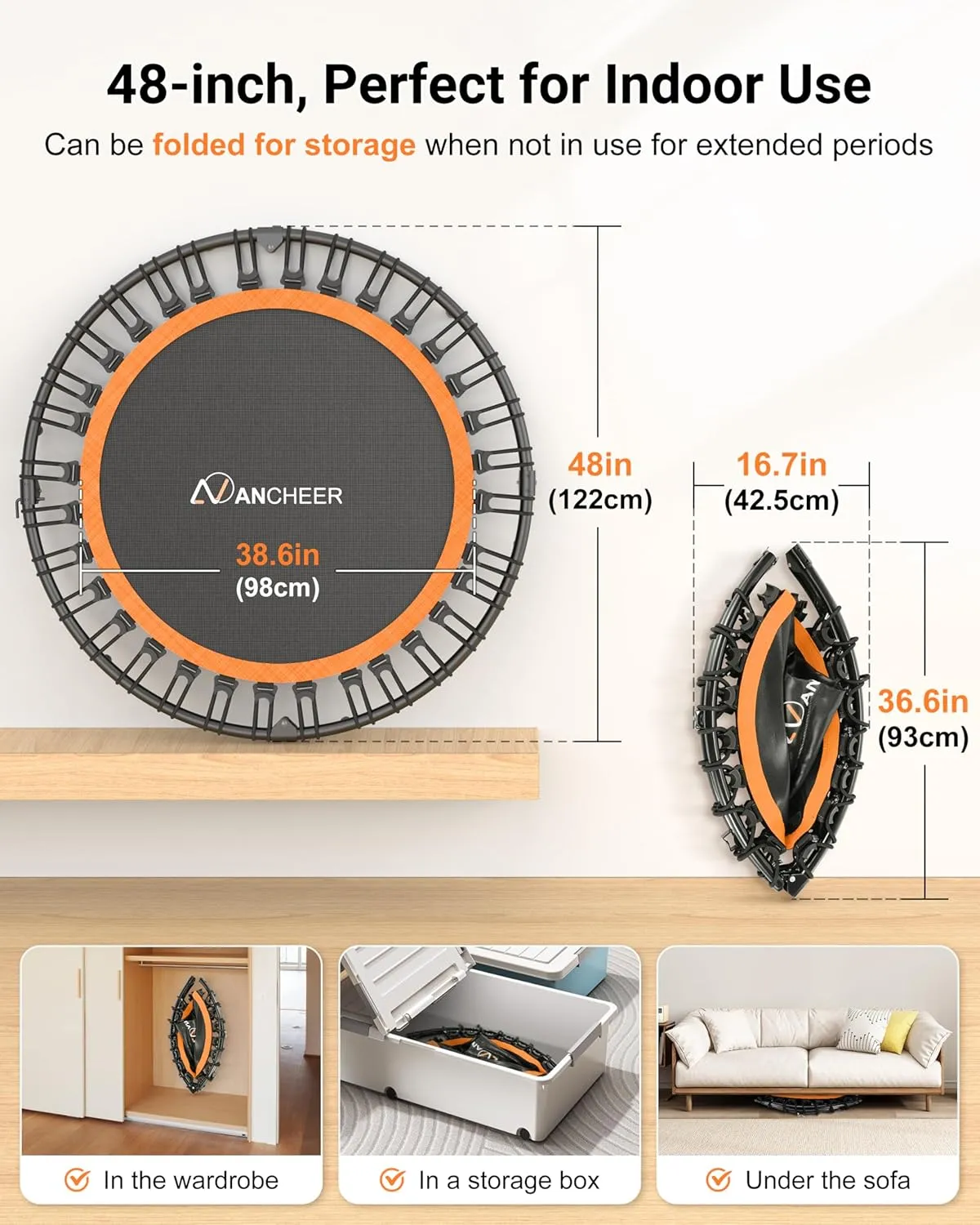 ANCHEER 40"/48" Foldable Rebounder Trampoline for Adults/Kids with Resistance Bands and Bungees, Indoor & Outdoor Mini Trampoline with Bar and Safety Padding - Max Load 450lbs/550lbs