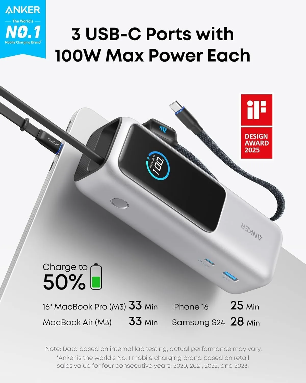 ANKER Laptop Power Bank, 25,000mAh Portable Charger with Triple 100W USB-C Ports for Multi-Device Charging, Built-in and Retractable Cables, for iPhone 16/15 Series, MacBook, Samsung, and More