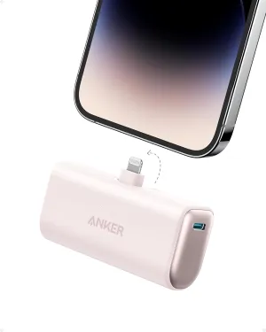 ANKER Nano Portable Charger for iPhone, with Built-in MFi Certified Lightning Connector, Power Bank 5,000mAh 12W, Compatible with iPhone 14/13/12 Series (Pink)