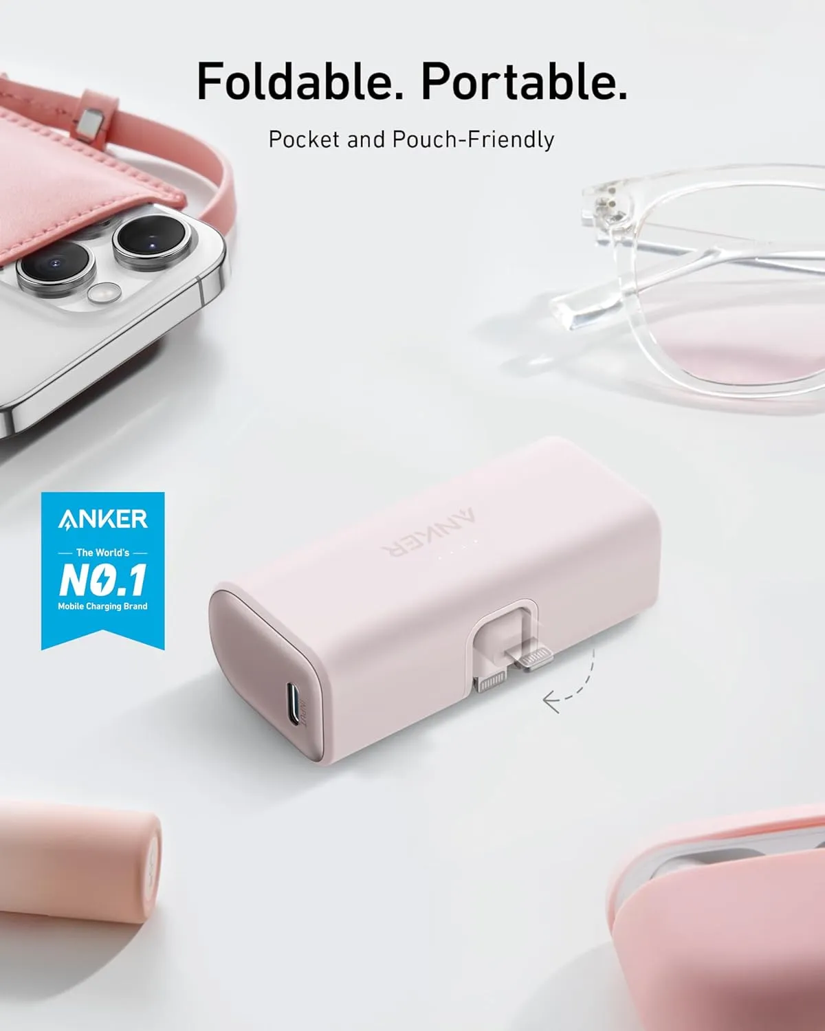 ANKER Nano Portable Charger for iPhone, with Built-in MFi Certified Lightning Connector, Power Bank 5,000mAh 12W, Compatible with iPhone 14/13/12 Series (Pink)