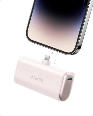 ANKER Nano Portable Charger for iPhone, with Built-in MFi Certified Lightning Connector, Power Bank 5,000mAh 12W, Compatible with iPhone 14/13/12 Series (Pink)