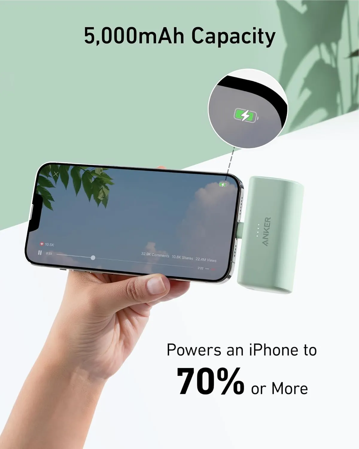 ANKER Nano Portable Charger for iPhone, with Built-in MFi Certified Lightning Connector, Power Bank 5,000mAh 12W, Compatible with iPhone 14/13/12 Series (White)