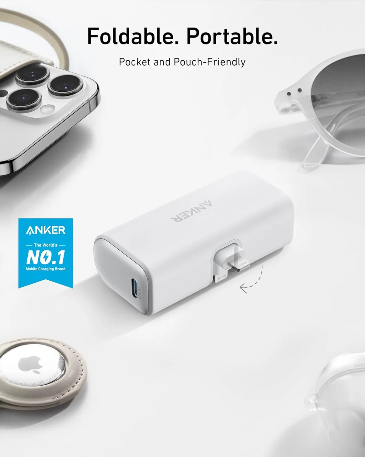 ANKER Nano Portable Charger for iPhone, with Built-in MFi Certified Lightning Connector, Power Bank 5,000mAh 12W, Compatible with iPhone 14/13/12 Series (White)