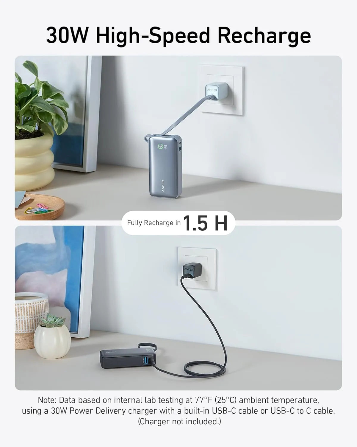 Anker Nano Power Bank, 10,000mAh Portable Charger with Built-In USB-C Cable, 30W Max Output, for iPhone 16/15 Series, MacBook, AirPods, and More