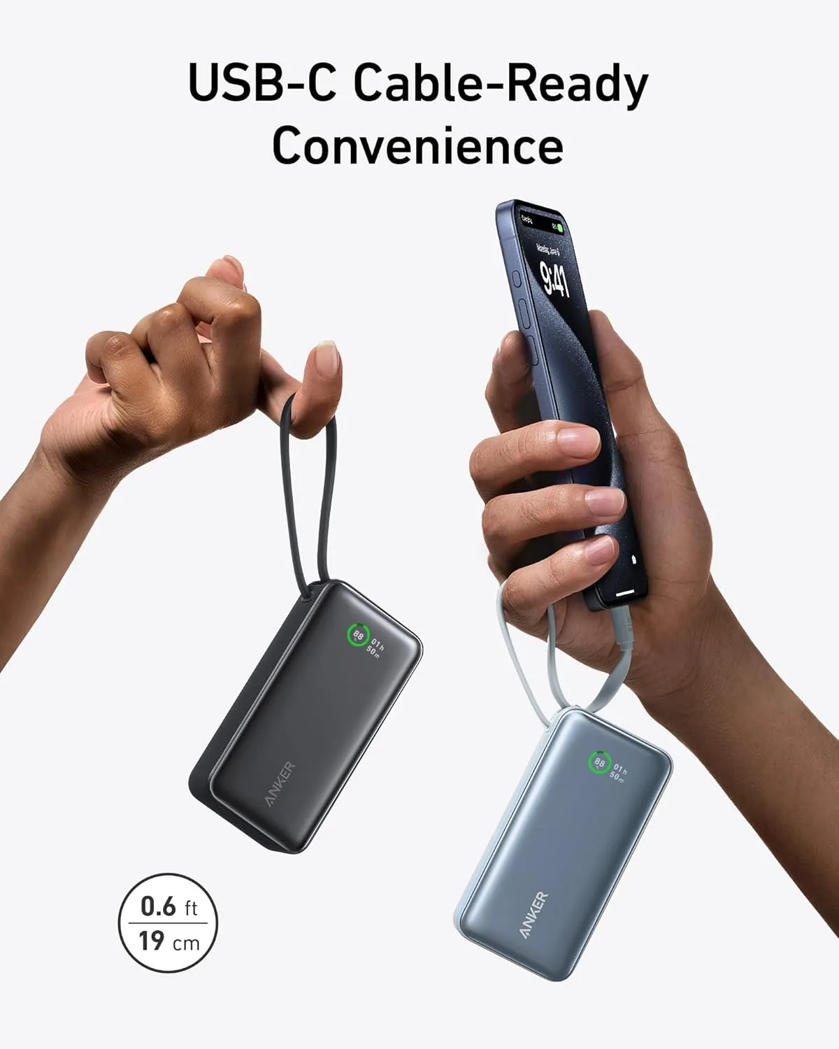 Anker Nano Power Bank, 10,000mAh Portable Charger with Built-In USB-C Cable, 30W Max Output, for iPhone 16/15 Series, MacBook, AirPods, and More