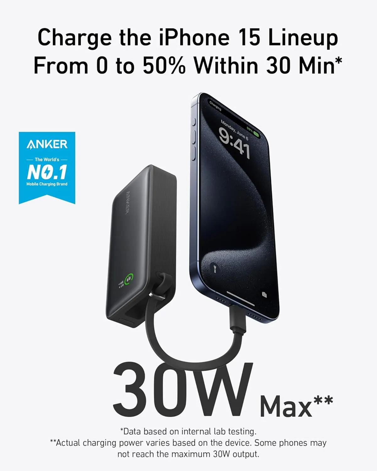 Anker Nano Power Bank, 10,000mAh Portable Charger with Built-In USB-C Cable, 30W Max Output, for iPhone 16/15 Series, MacBook, AirPods, and More