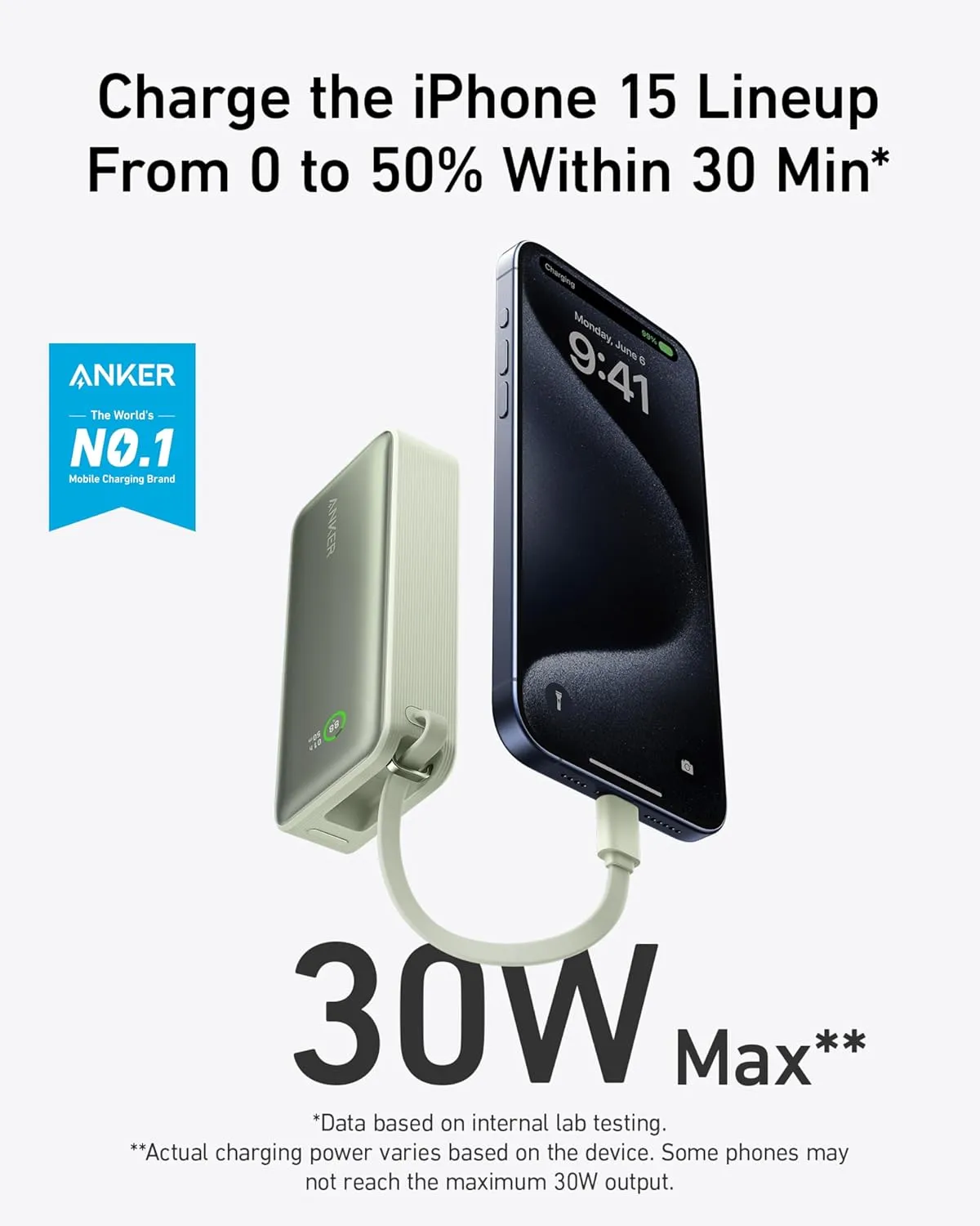 ANKER Nano Power Bank, 10,000mAh Portable Charger with Built-in USB-C Cable, 30W Recharging, 30W Max Output with USB-C&A, for iPhone 16/15 Series, MacBook, Galaxy, AirPods, and More